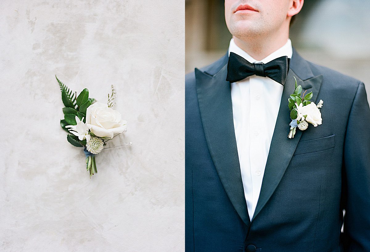 Detail of Boutonniere and Groom's bow tie and Boutonniere on Jacket Photos