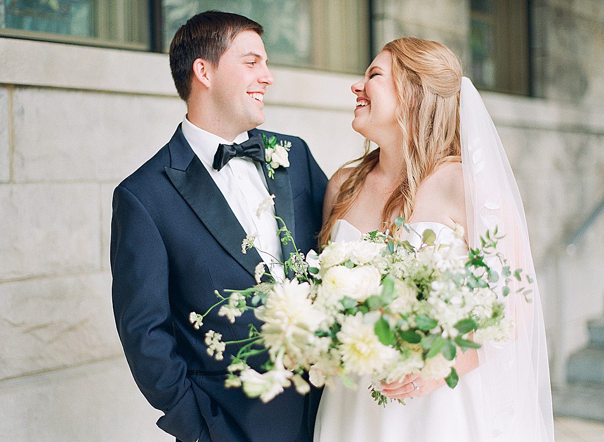Asheville North Carolina Wedding Bride and Groom Laughing at Methodist Church Photo