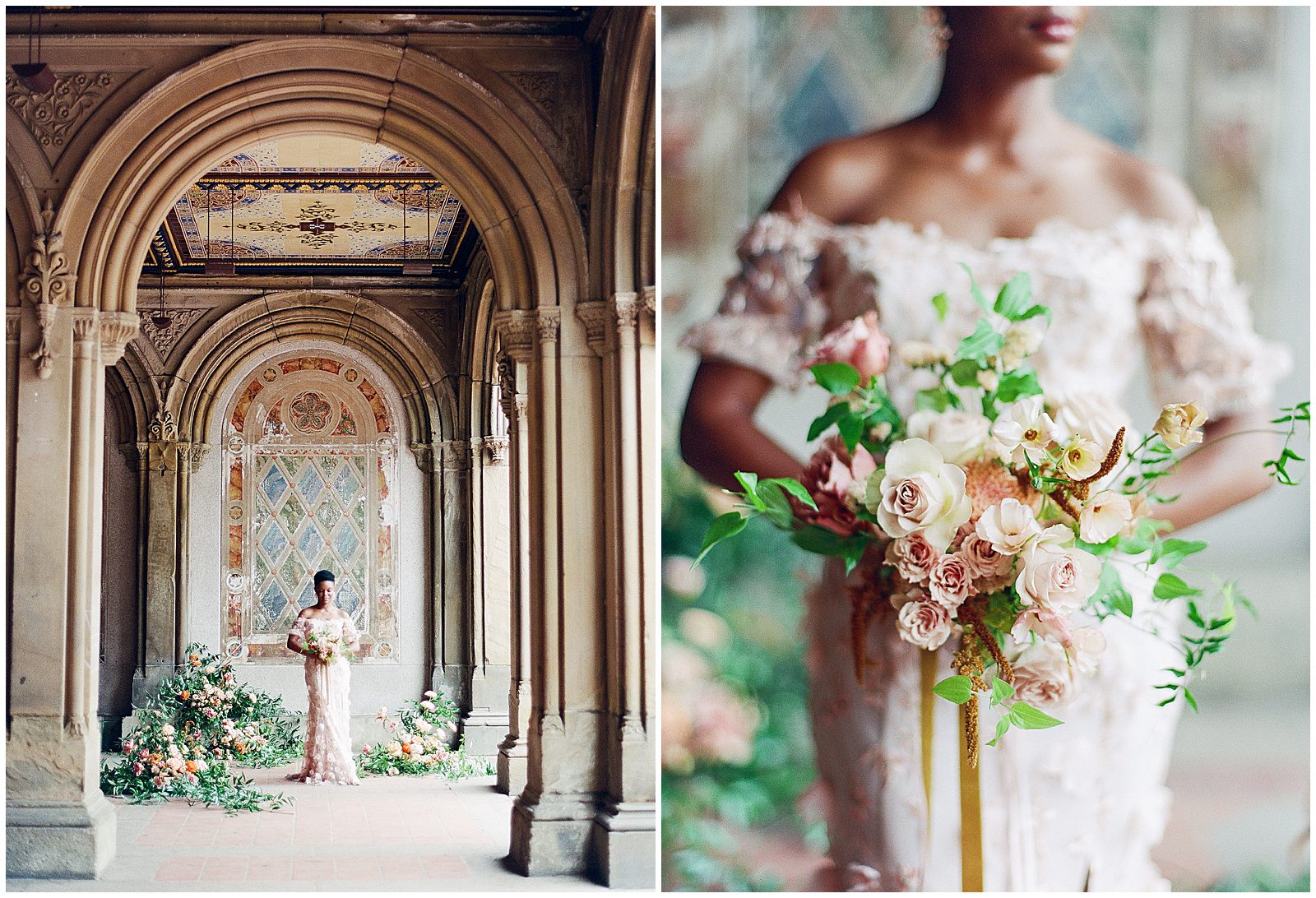 Central Park Wedding Bride in a Pink Gown Holding Bouquet At The Bethesda Terrace Photos