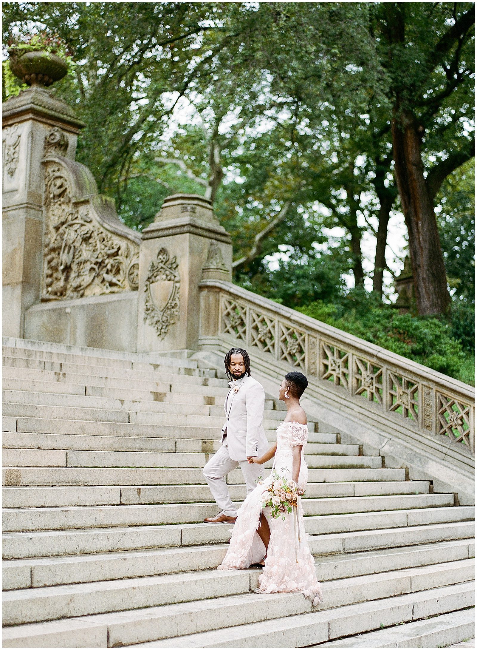 Central Park Wedding Couple walking up Stairs Photo