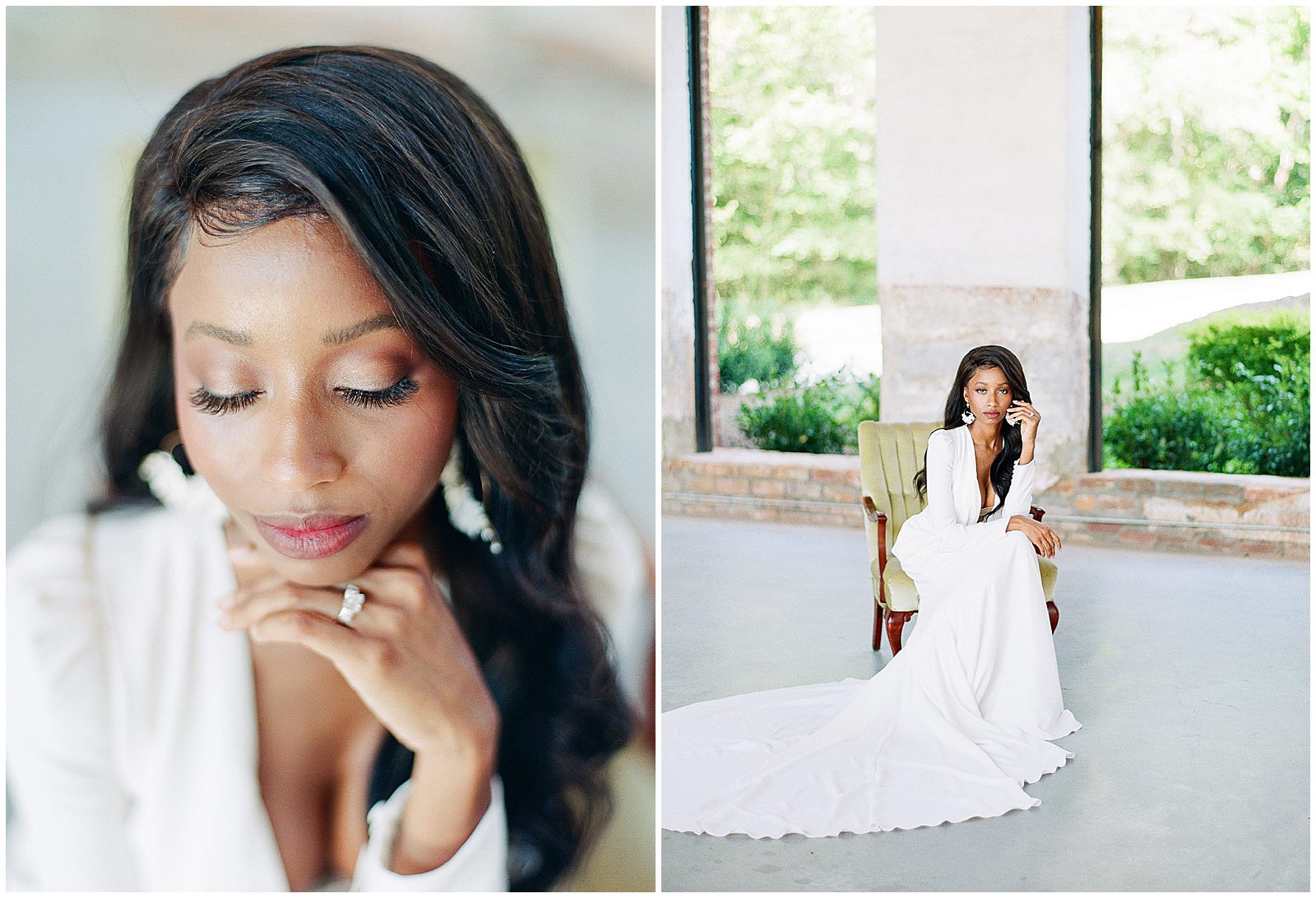 Charlotte NC Bridal Session Bride Looking Down and Bride Looking at Camera Sitting in Chair Photos