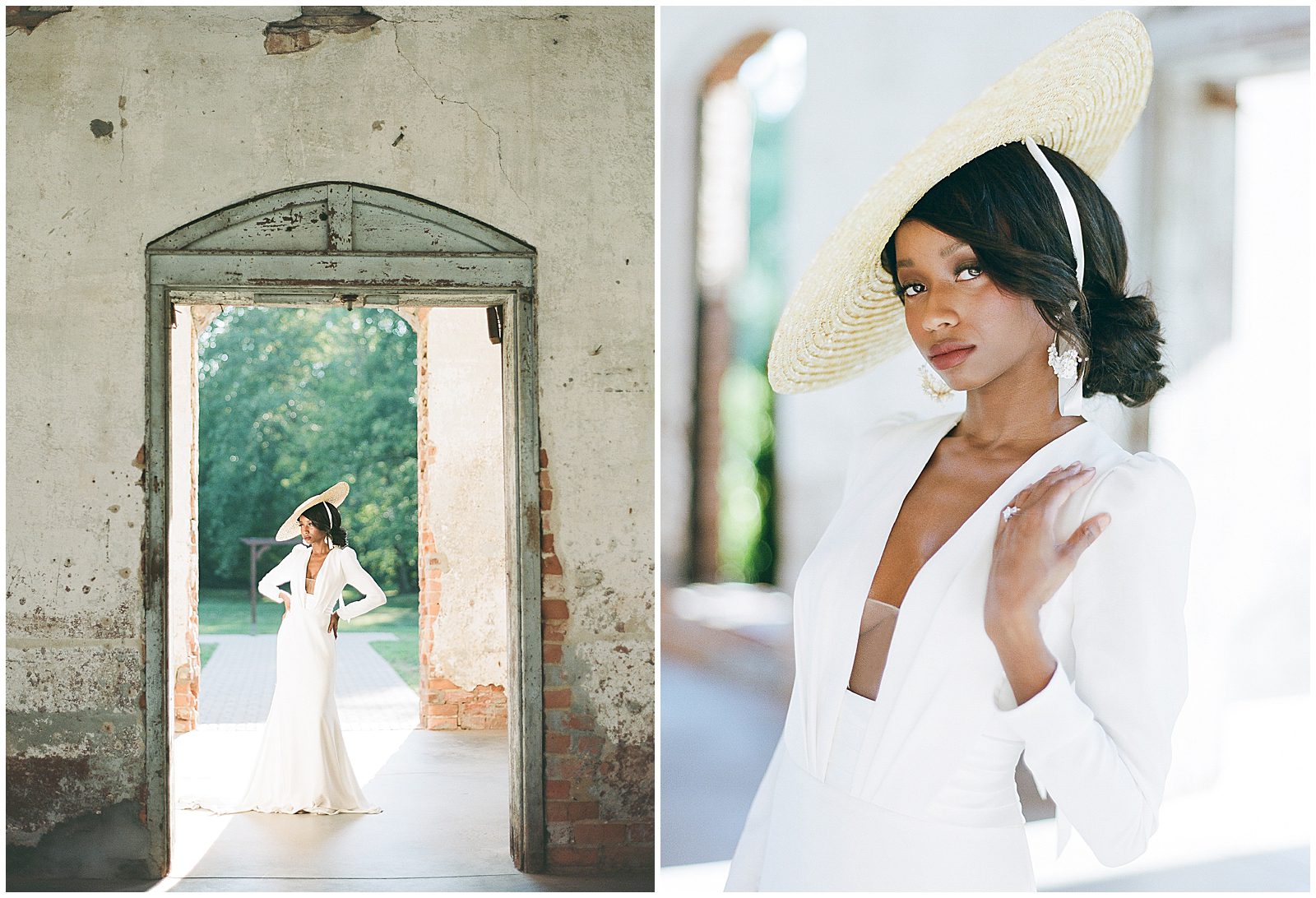 Bride in Straw Hat In Doorway and Looking at Camera photos