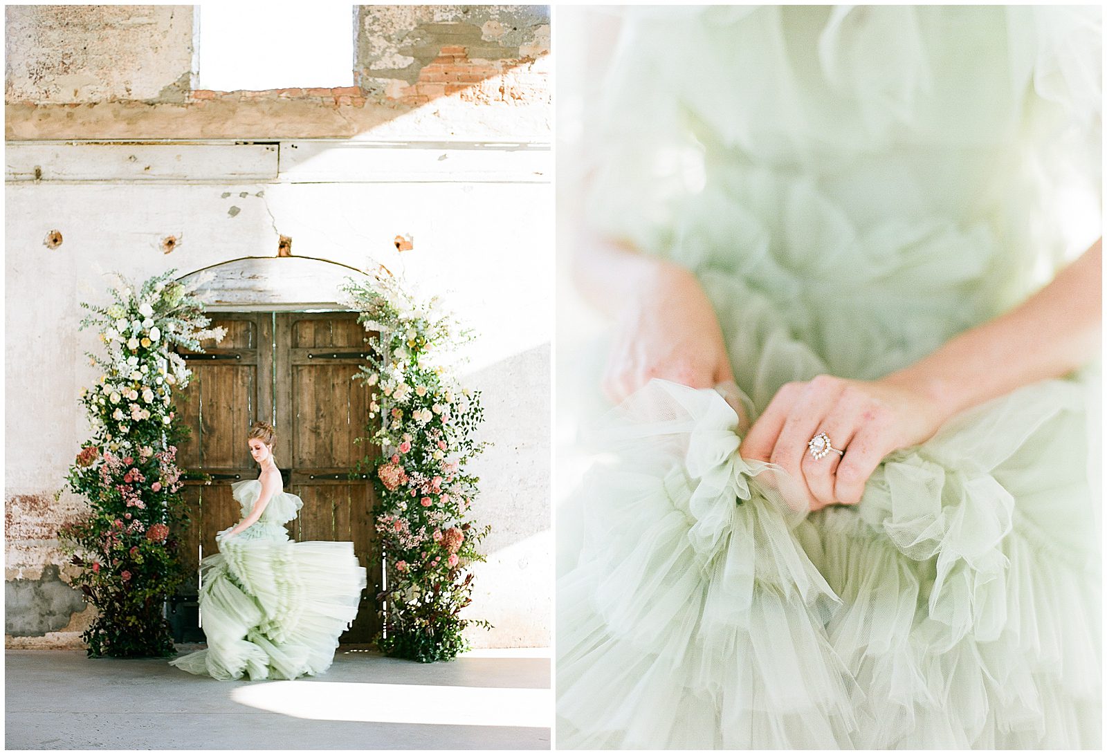 Bride In Green Wedding Dress in front of doors and flowers and detail of hands holding green dress photos