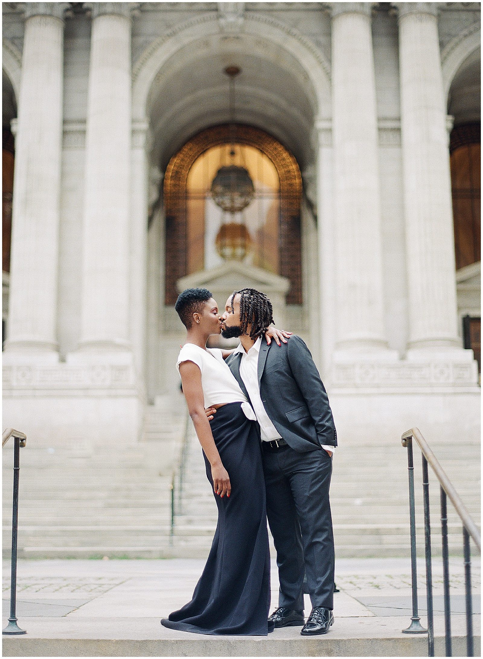 New York City Engagement Photos Couple Kissing On Stairs Photo