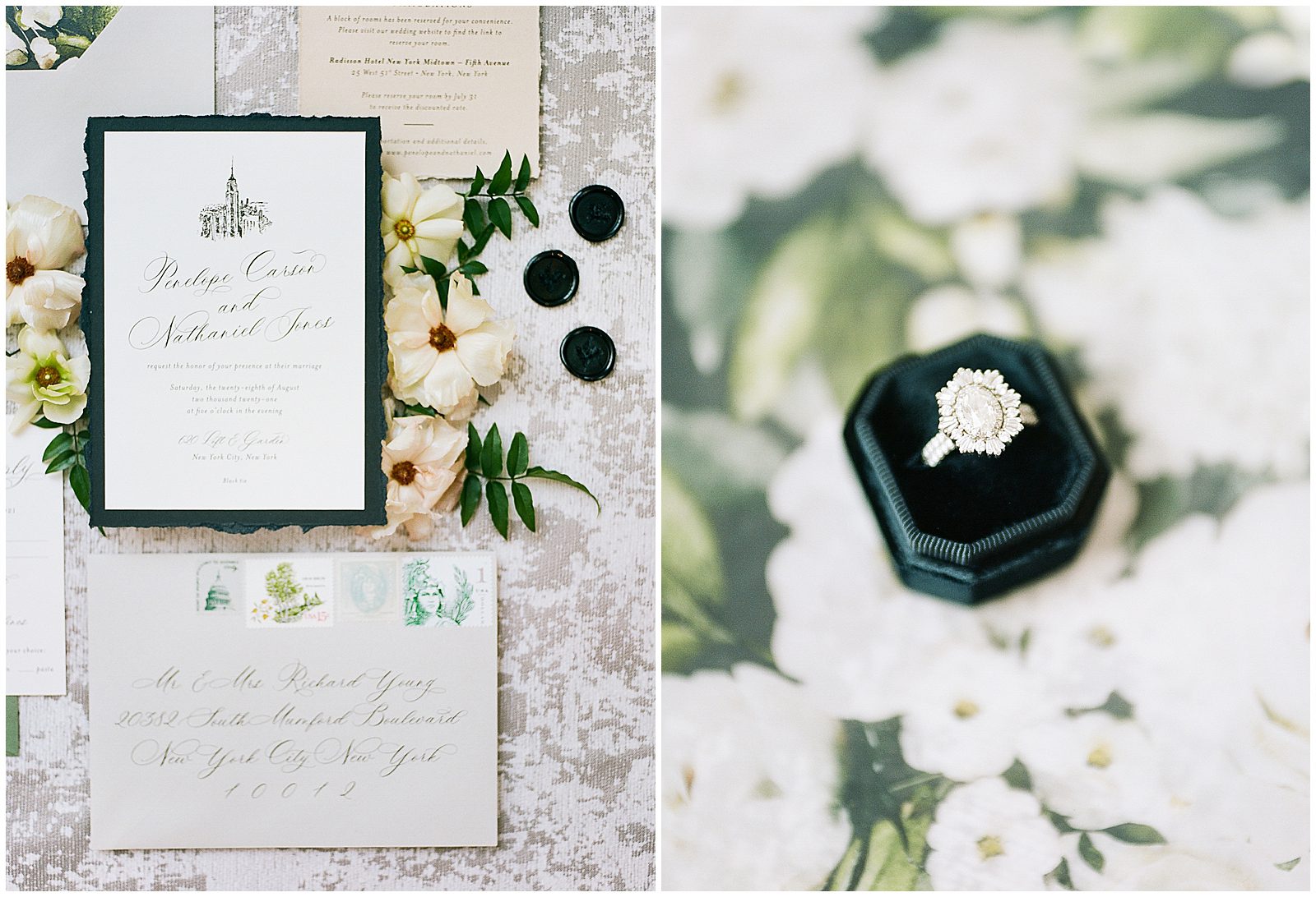 New York City Wedding Venue Invitation Suite and Ring in Ring Box Photos