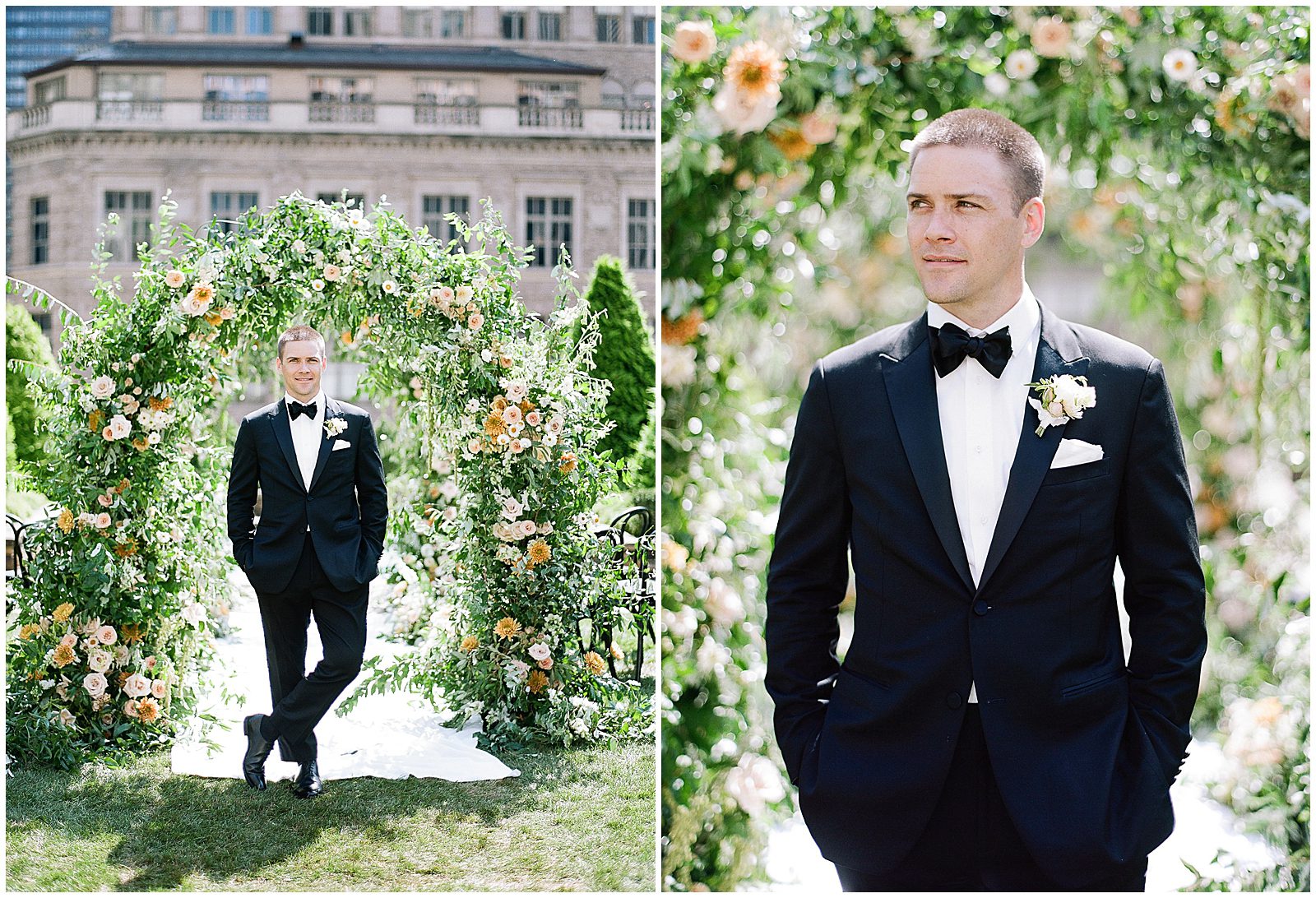 Groom Smiling In Front Of Flower Arch at New York City Wedding Venue Photos