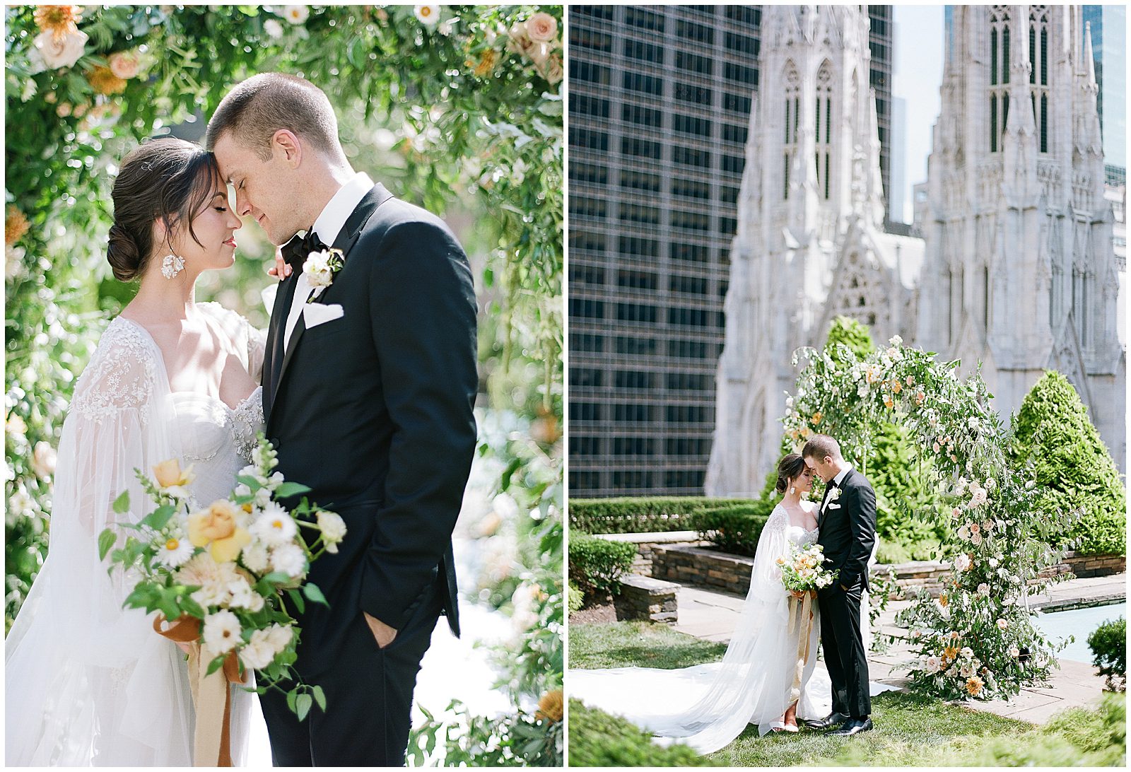 Bride and Groom Nose to Nose at 620 Loft and Gardens Wedding venue with St.Patricks Cathedral in Background Photos
