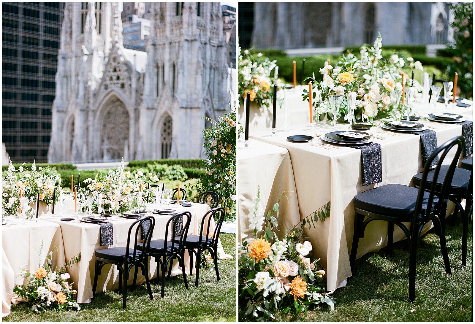 New York City Wedding Venue 620 Loft and Gardens Wedding Reception Table with St.Patricks Cathedral in Background Photos