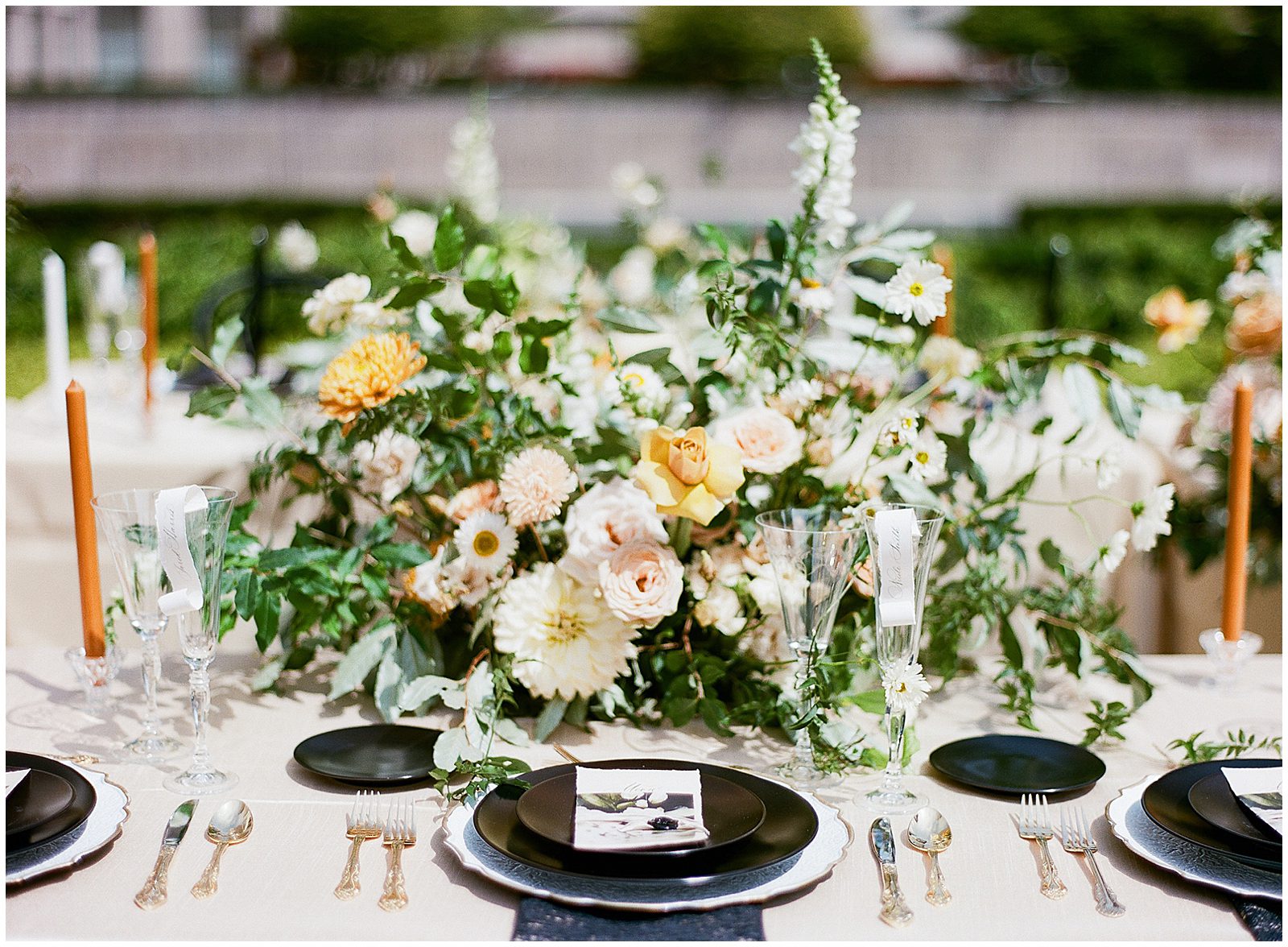 Black and White and Yellow Wedding Reception Table Photo