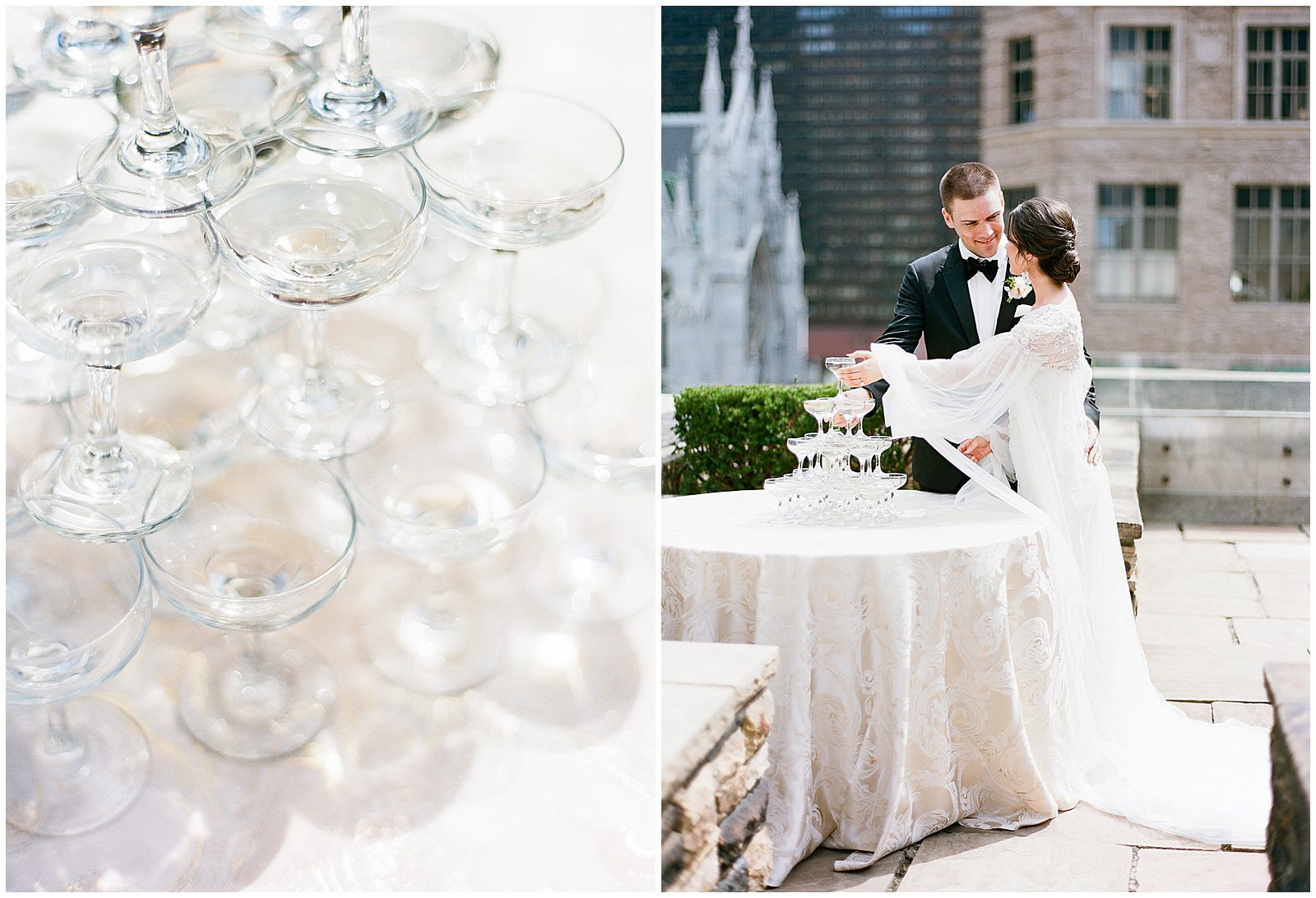 New York City Wedding Venue 620 Loft and Garden Champagne Tower With Bride and Groom Photos