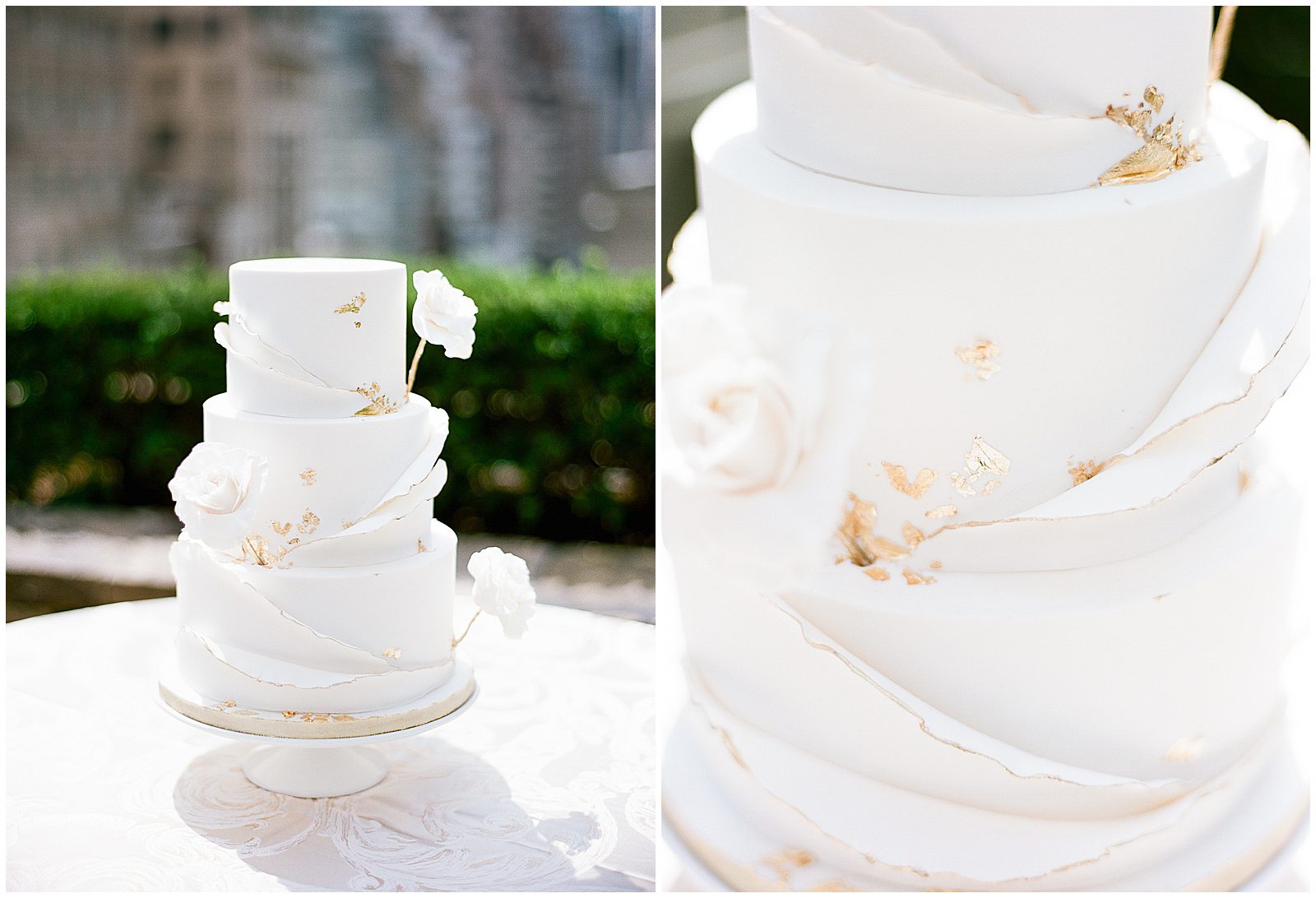 White Wedding Cake with Gold Leaf Details Photos
