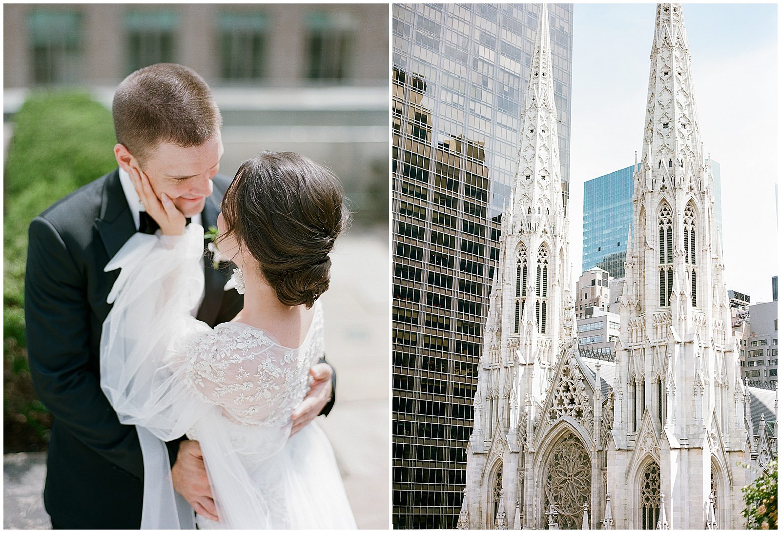 Bride and Groom Smiling at Each Other and St. Patricks Cathedral Photos