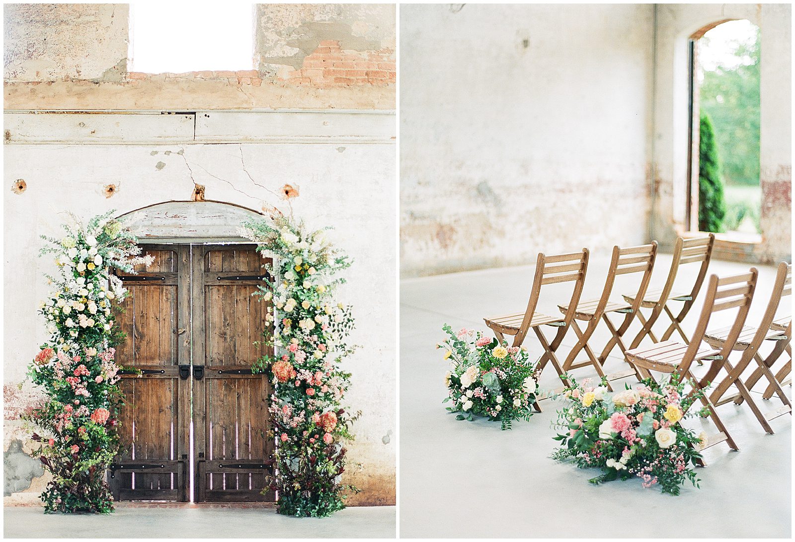 Providence Cotton Mill Flower arch around doors and flowers on floor by chairs Photos