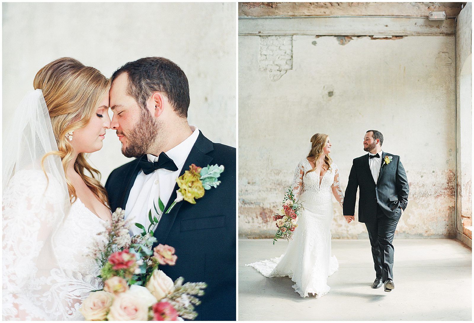 Providence Cotton Mill Wedding Bride and Groom Nose to Nose and Walking toward Camera Photos