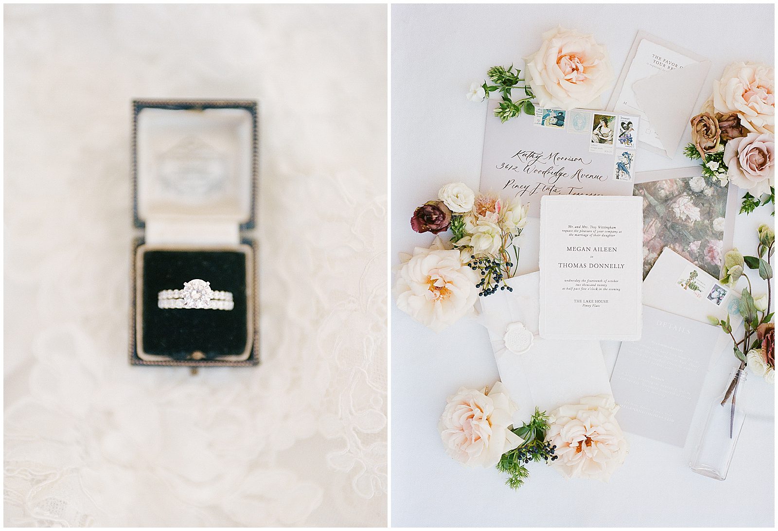 Wedding Ring in Box and Invitation Suite Photos