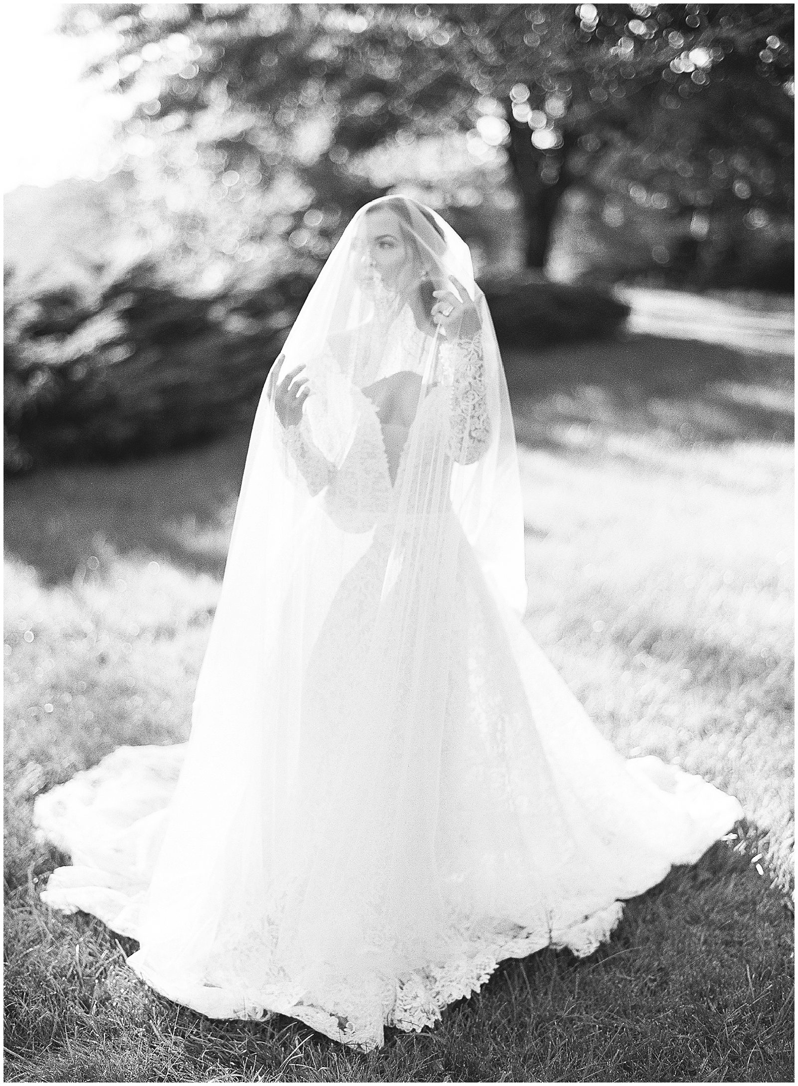 Black and White of Bride with Veil Over Her Photo