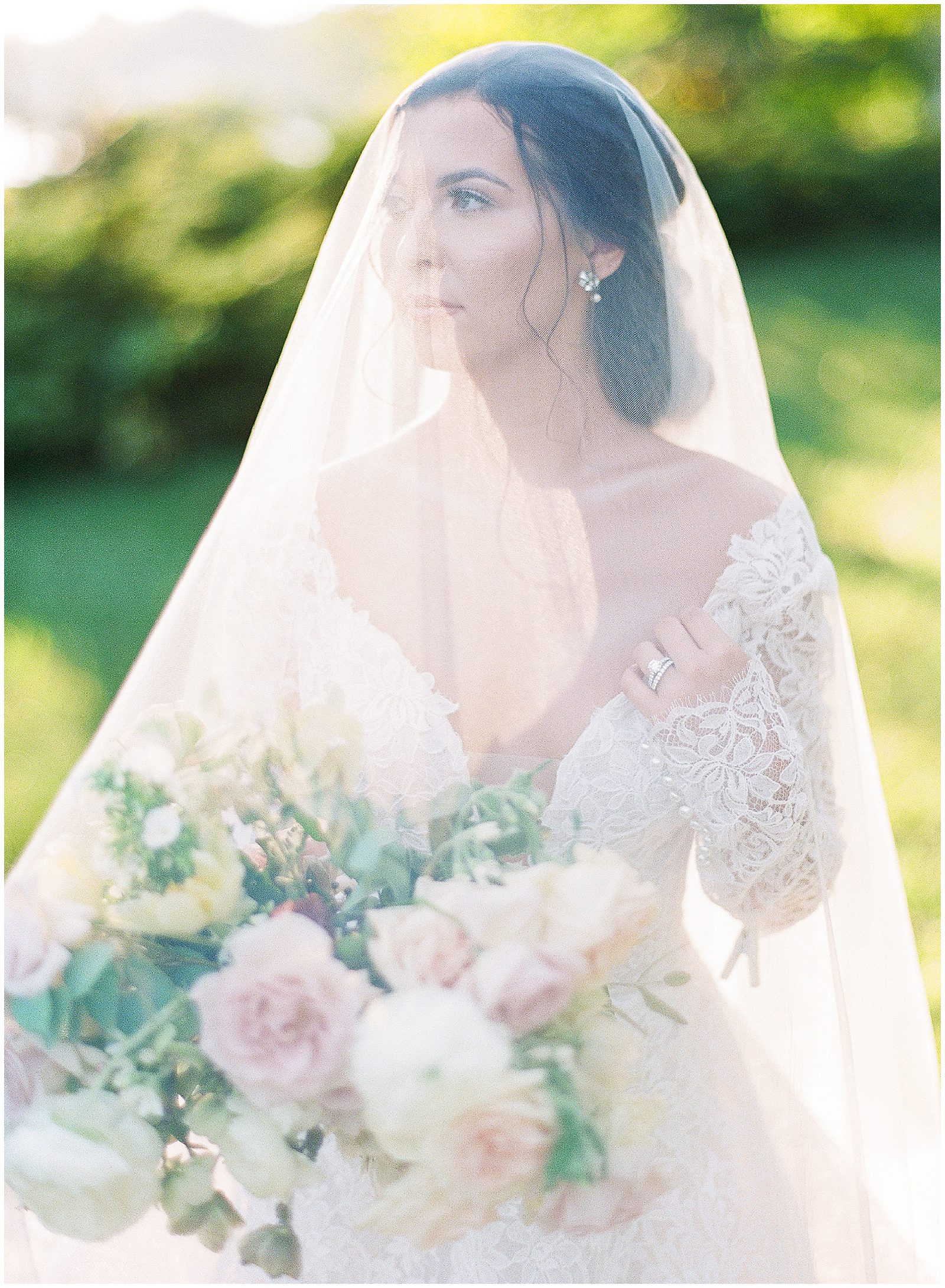 Bride Looking Off with Veil Over Head Photo