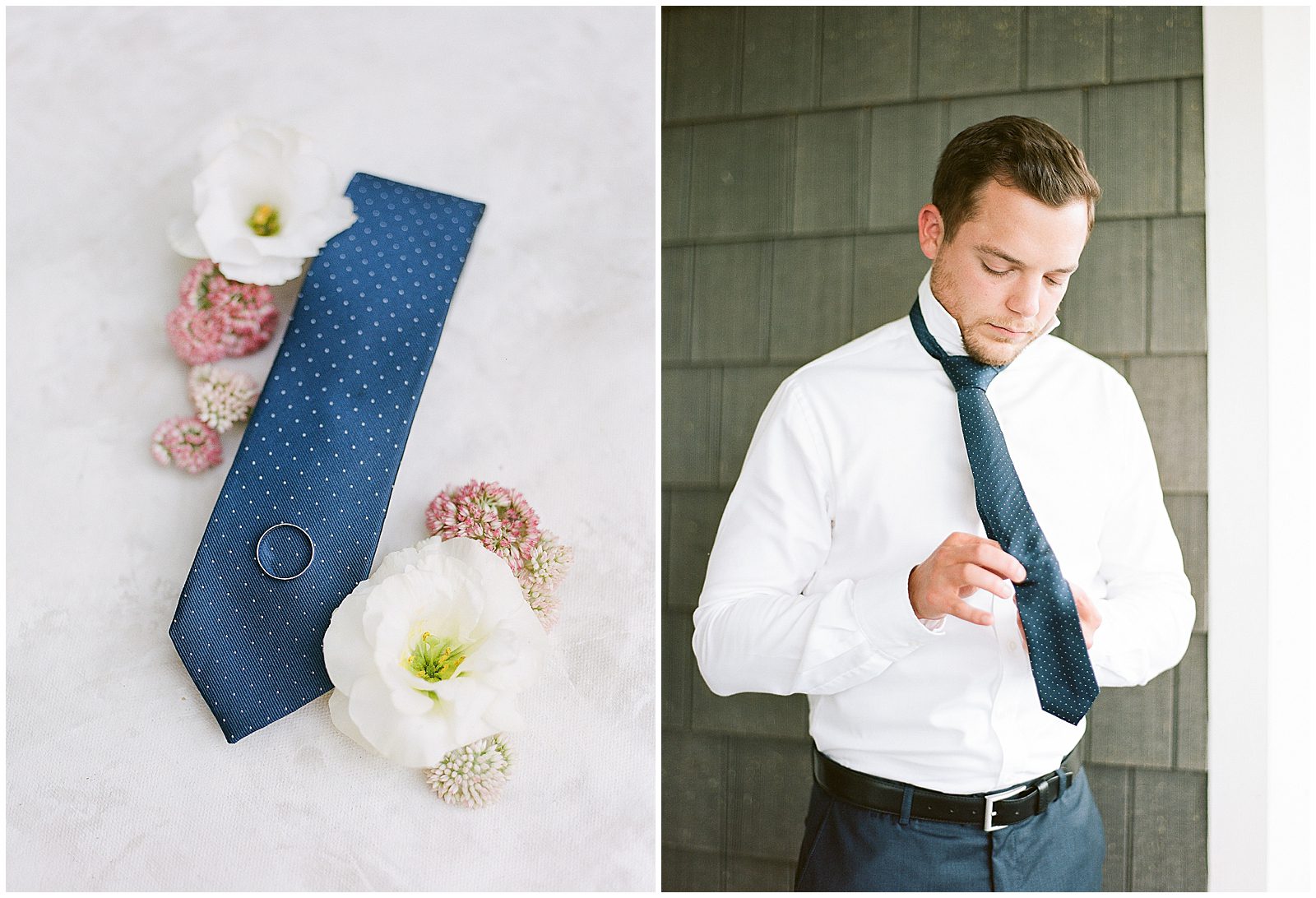 Grooms Details Tie Ring and Flowers And Groom Putting Tie On Photos
