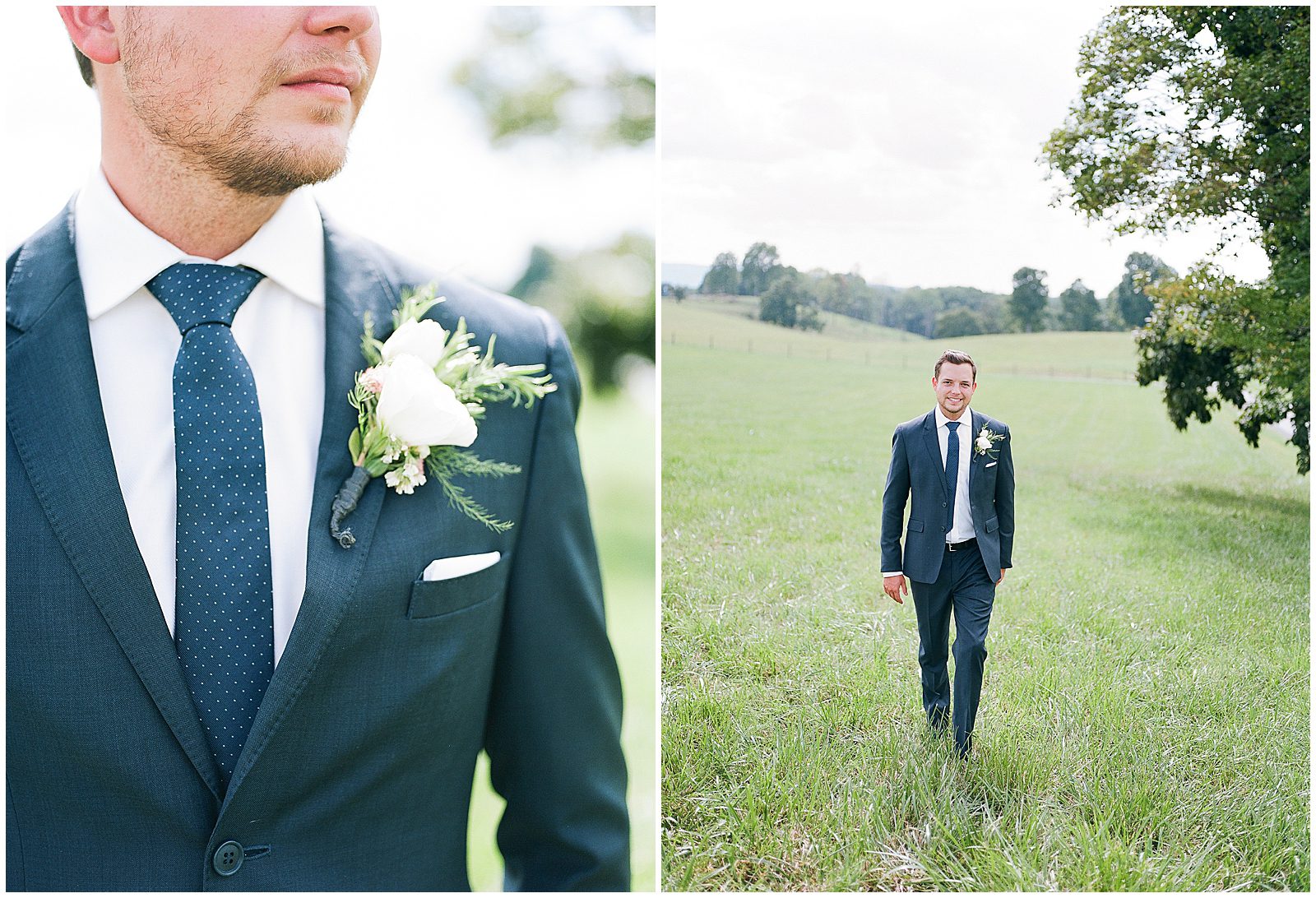 Groom's Boutonnière and Groom Walking Through Field Photos