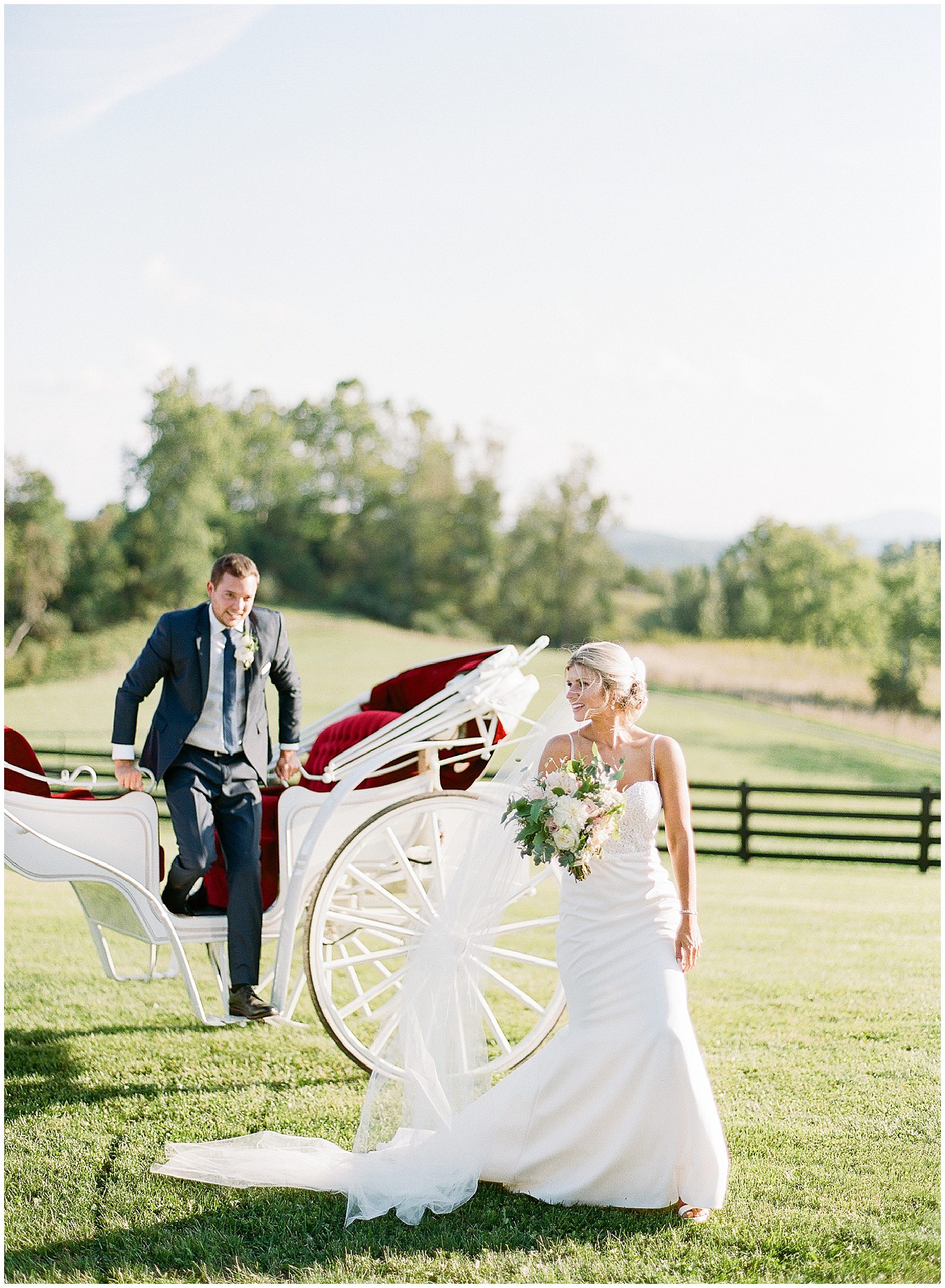 Bride and Groom Getting Out of Carriage Photo