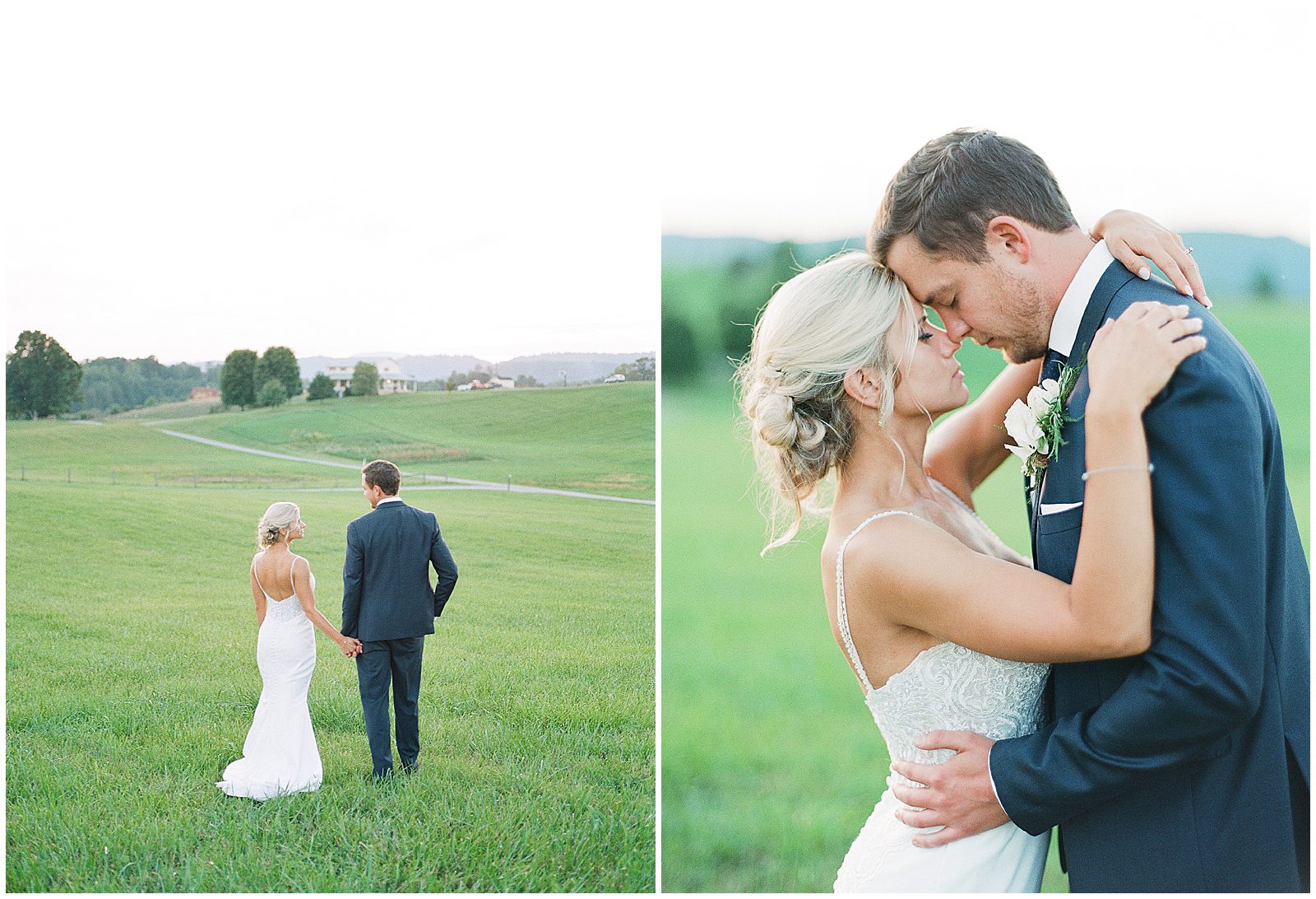Bride and Groom Holding Hands and Snuggling in Field at Their WV Wedding Photos