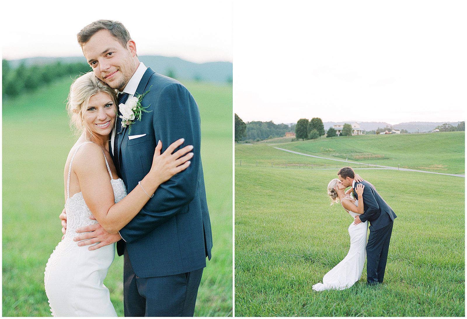Bride and Groom Hugging and Kissing in Field Photos