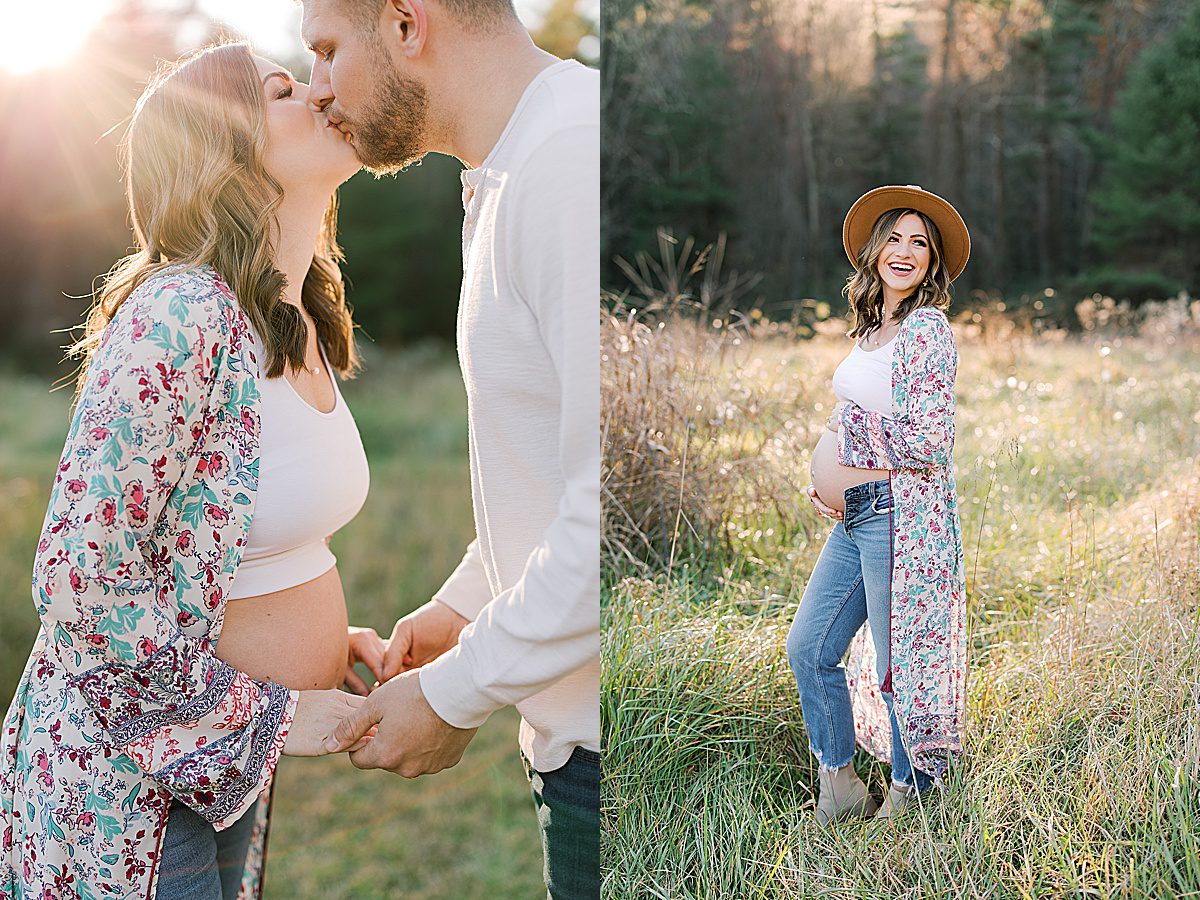 Asheville Maternity Session Couple Kissing and Mama Holding Belly Photos