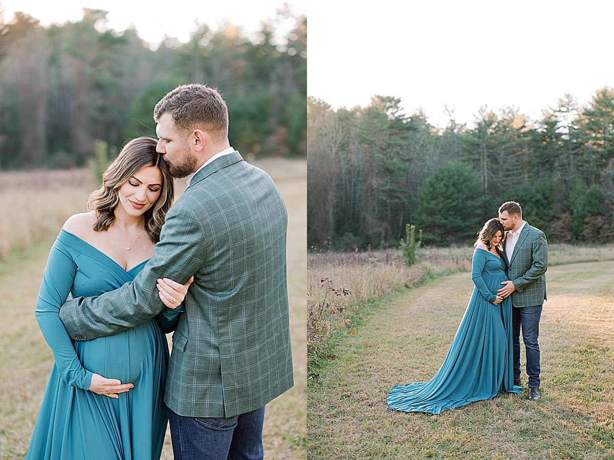 Asheville Maternity Session Couple Kissing in Field Photos