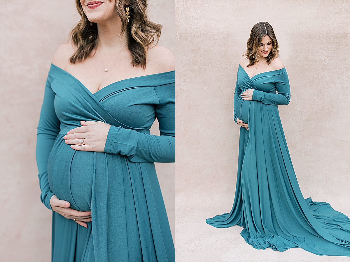 Lady in Long Blue Dress Holding Baby Bump Photos