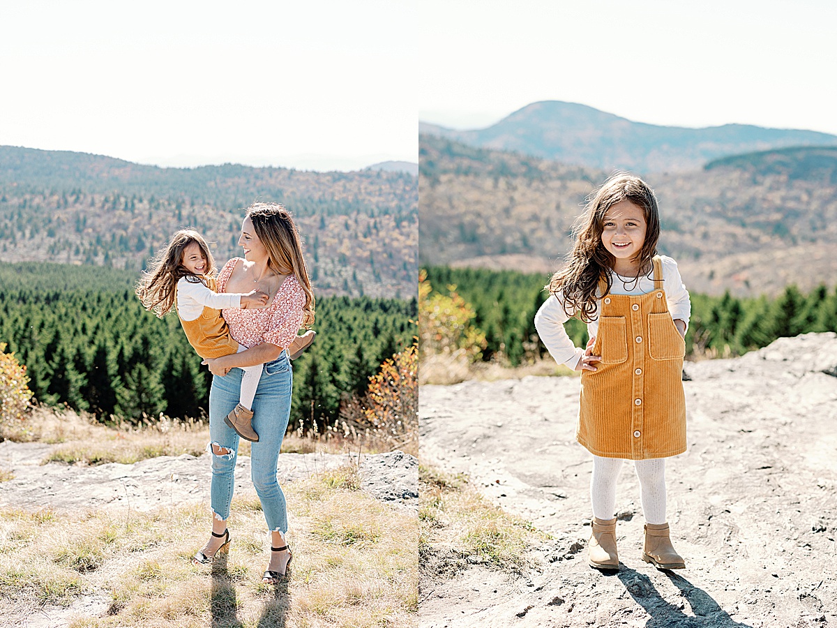 Mom and Daughter Laughing and Little Girl Smiling in Corduroy Dress Photos