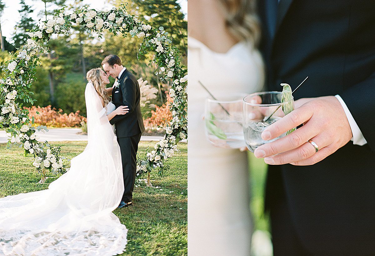 Omni Grove Park Inn Wedding Bride and Groom Nose to Nose and Holding Drinks Photos