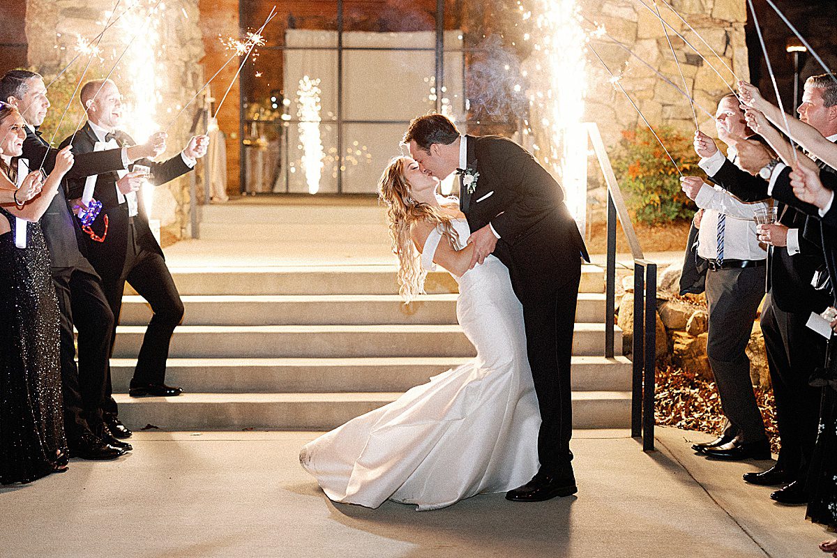 Omni Grove Park Inn Wedding Bride and Groom Kissing Sparkler Exit Photo