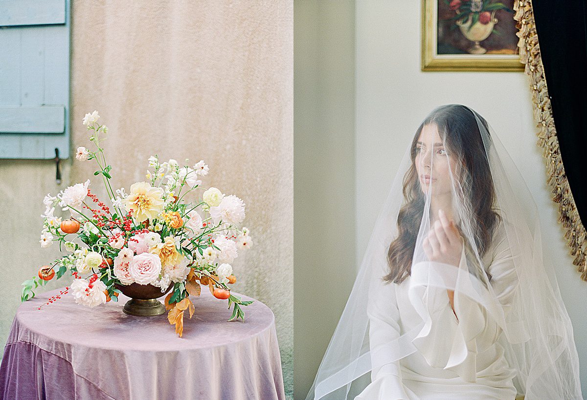 Dutch Inspired Florals and Bride looking out window Photos