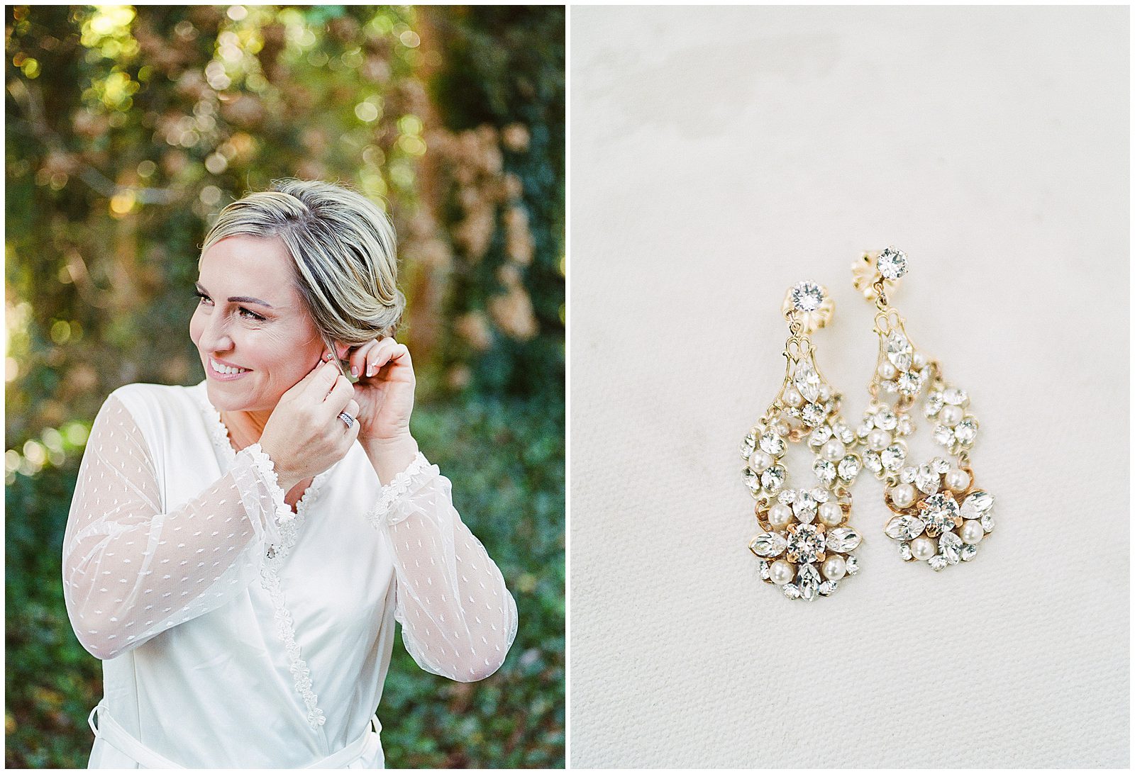 Bride Looking off Smiling Putting Earrings In and Earring Photos