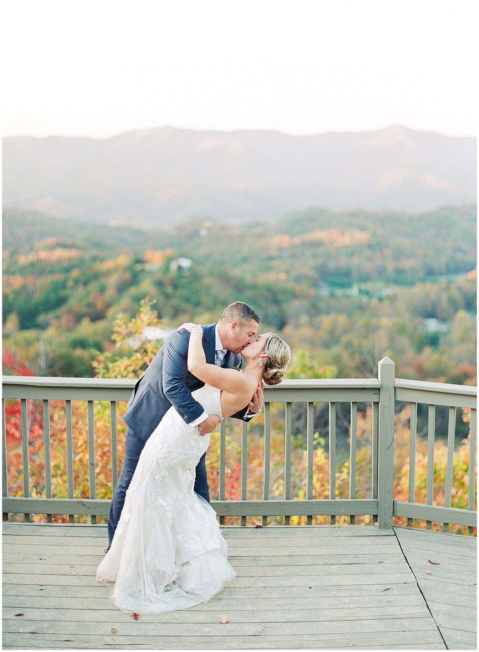 Fall Hawkesdene Wedding Bride and Groom with Mountains in Background Photo