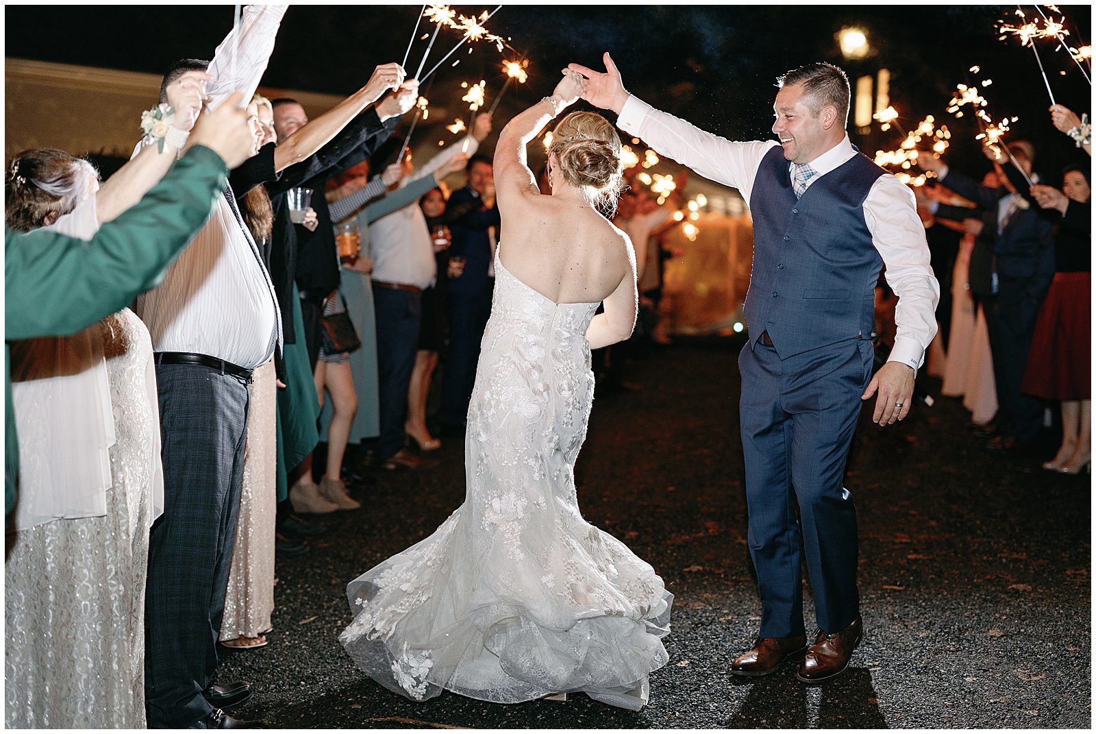 Fall Hawkesdene Wedding Sparkler Exit Bride and Groom Twirling Photo