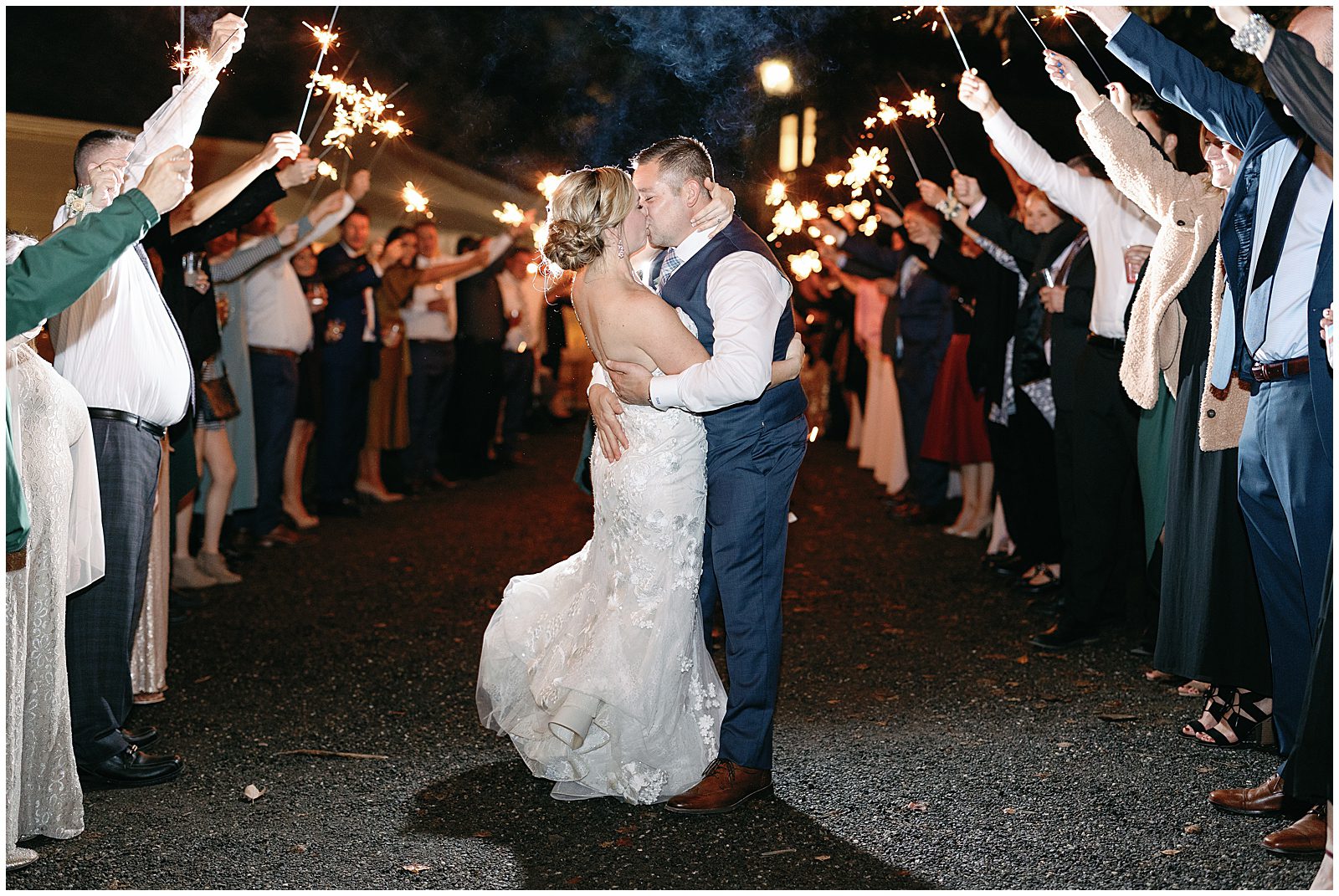 Fall Hawkesdene Wedding Sparkler Exit Bride and Groom Kissing Photo