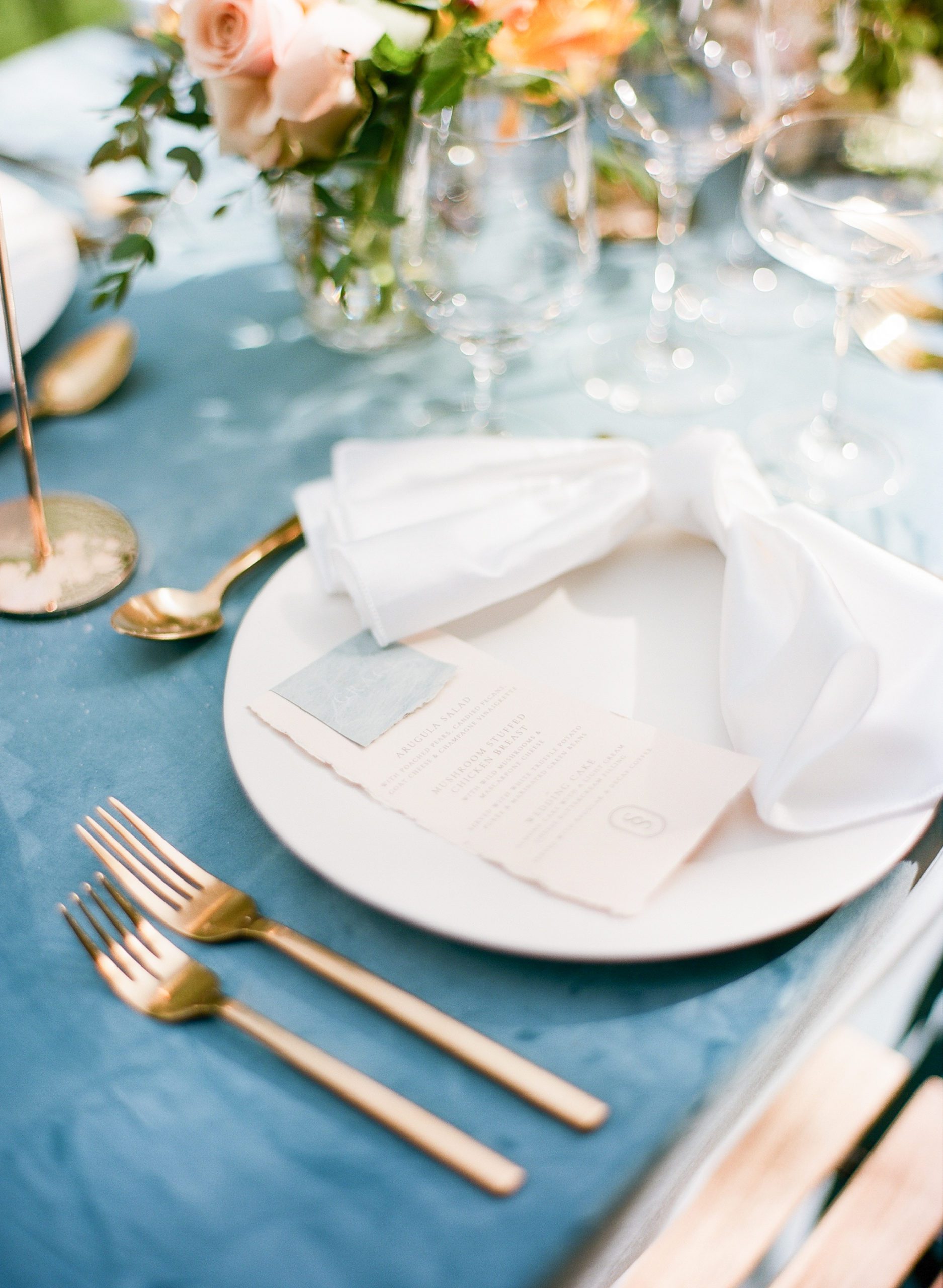 Wedding Reception Table with Blue Velvet Tablecloth Place Setting Photo