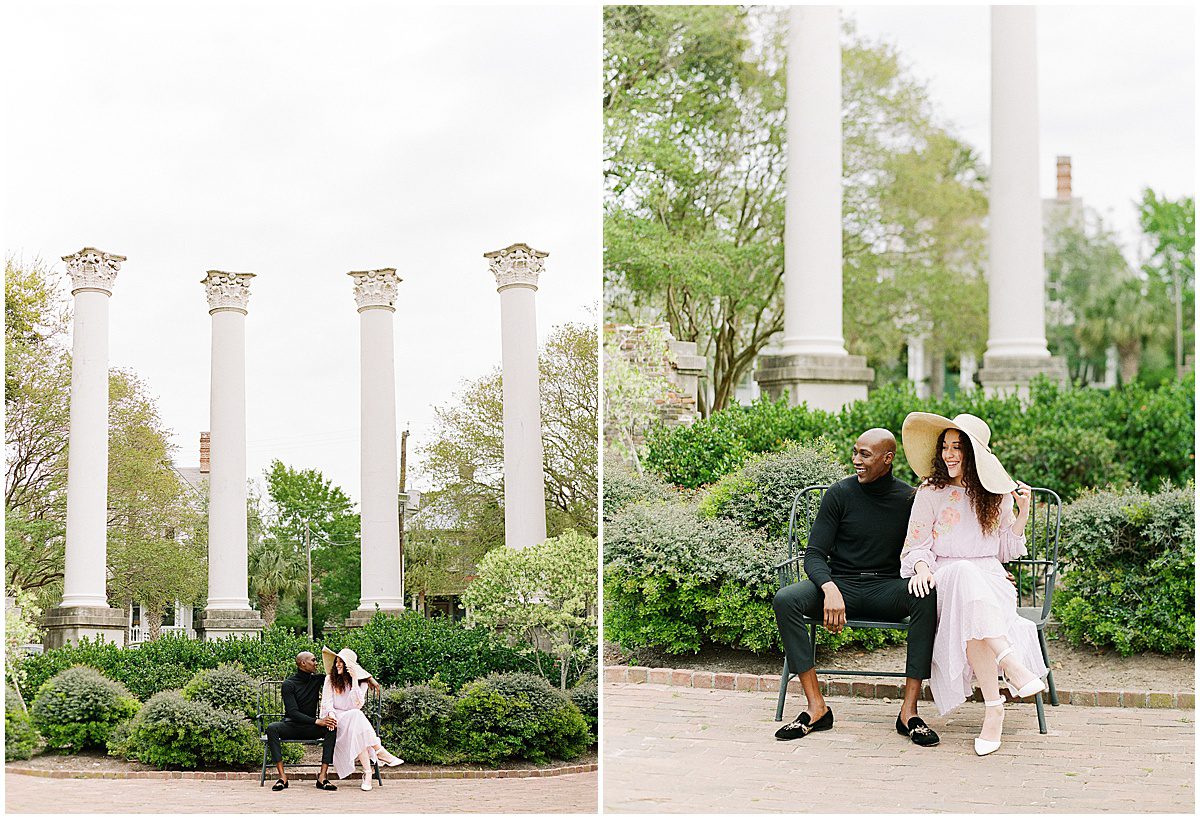 Couple Sitting on Bench at Cannon Park in Charleston South Carolina Photos