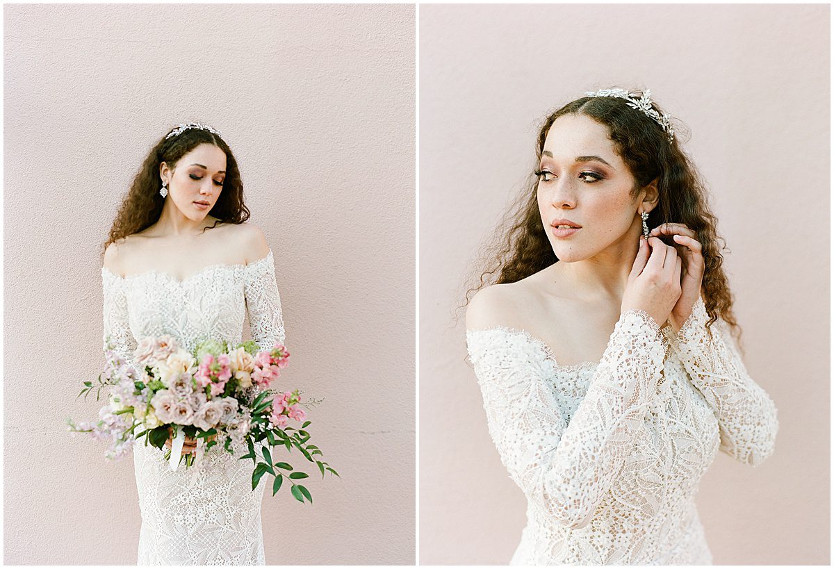 Bride in Lace Dress in Front of Pink Wall Photos