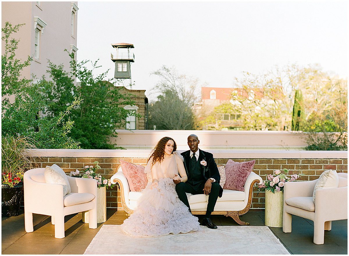 Bride and Groom at Lounge on the rooftop of The Mills House Photo