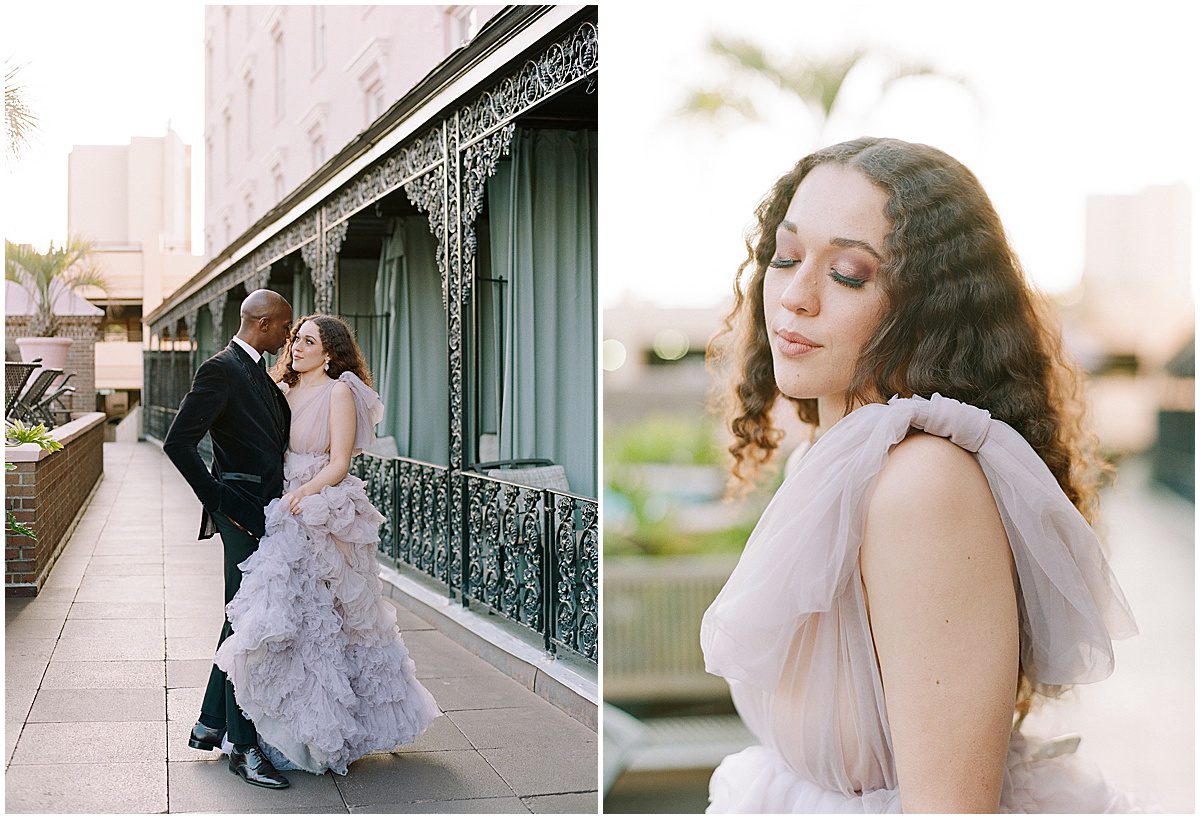 Bride in Lavender Mila London Gown on Rooftop of The Mills House Photo