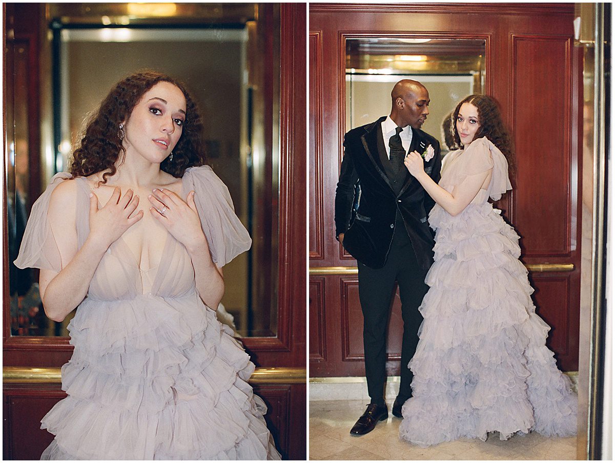 The Mills House Wedding Bride in Lavender Gown with Husband in Elevator Photos