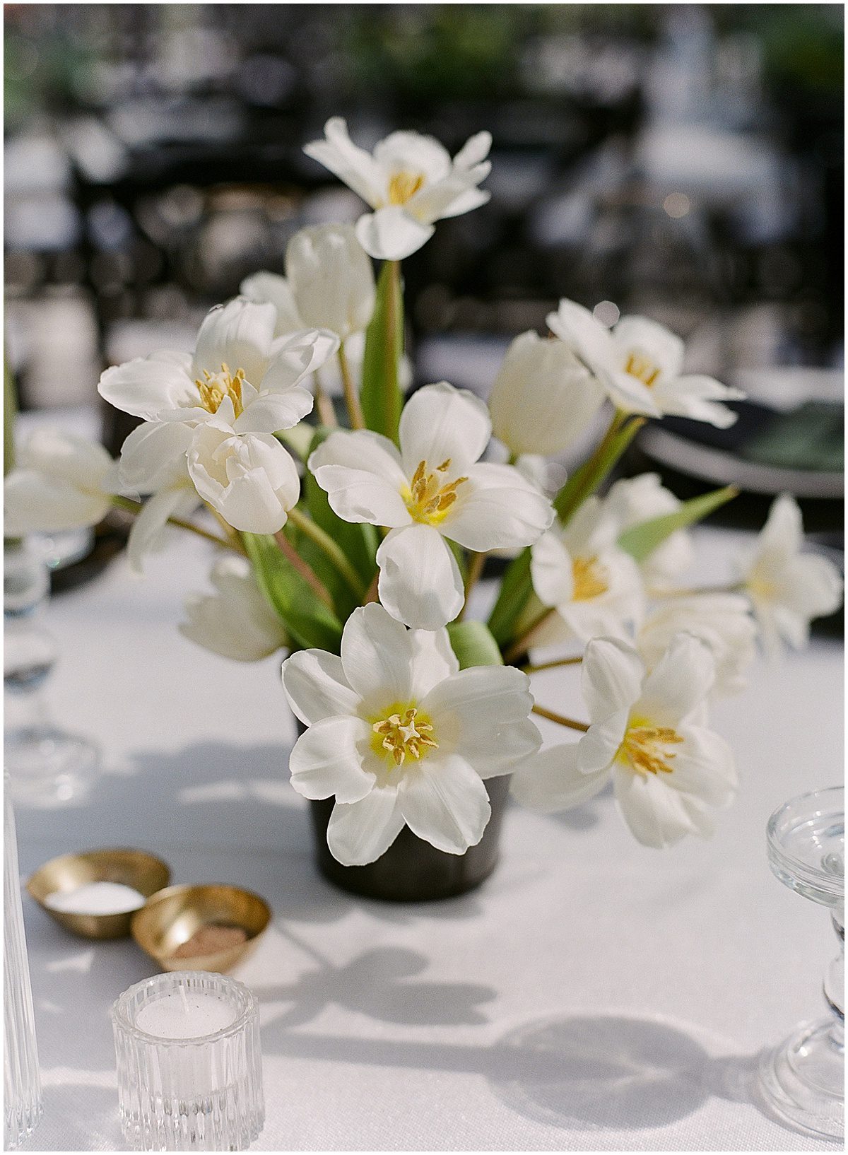 Flower arrangement on table at Wedding Reception Photo