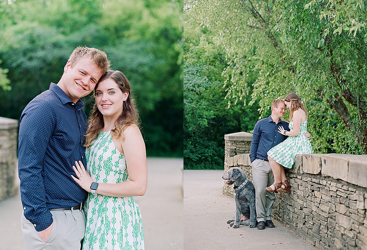 Couple Smiling at Camera and Sitting on Bridge at Charlotte NC Freedom Park Engagement Photos