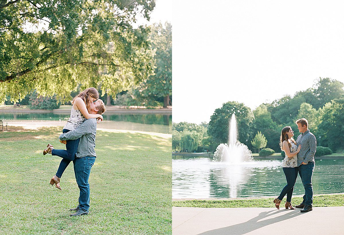 Couple Kissing and Hugging and In Front of Fountain at Charlotte NC Freedom Park Engagement Photos