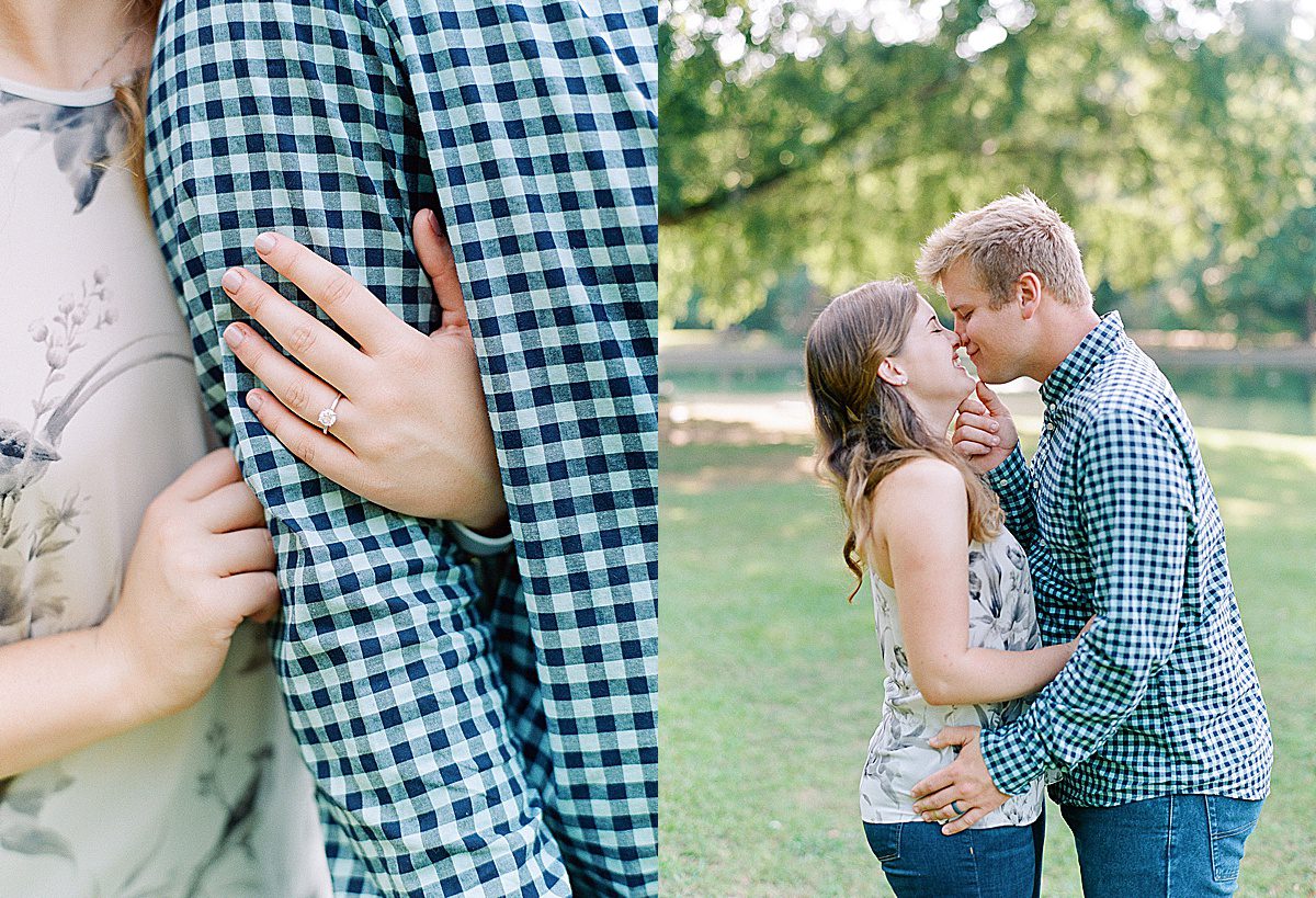 Detail of Engagement Ring and Couple Kissing Charlotte NC Freedom Park Engagement Photos