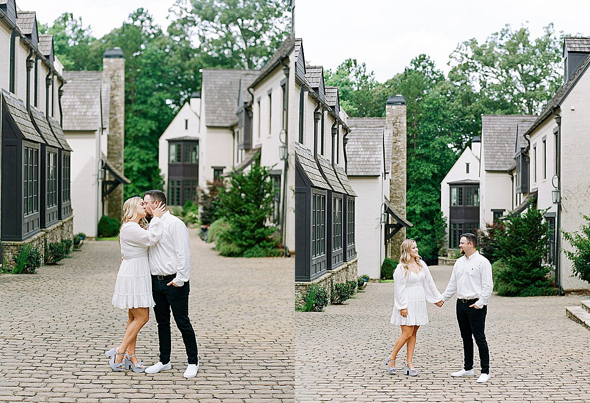 Couple Kissing and Holding Hands at Engagement Session at Serenbe Photos