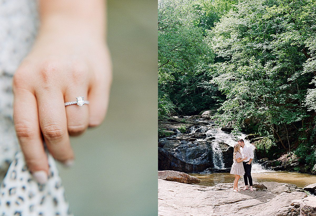 Brides Ring and Couple Kissing in Front of Waterfall Photos