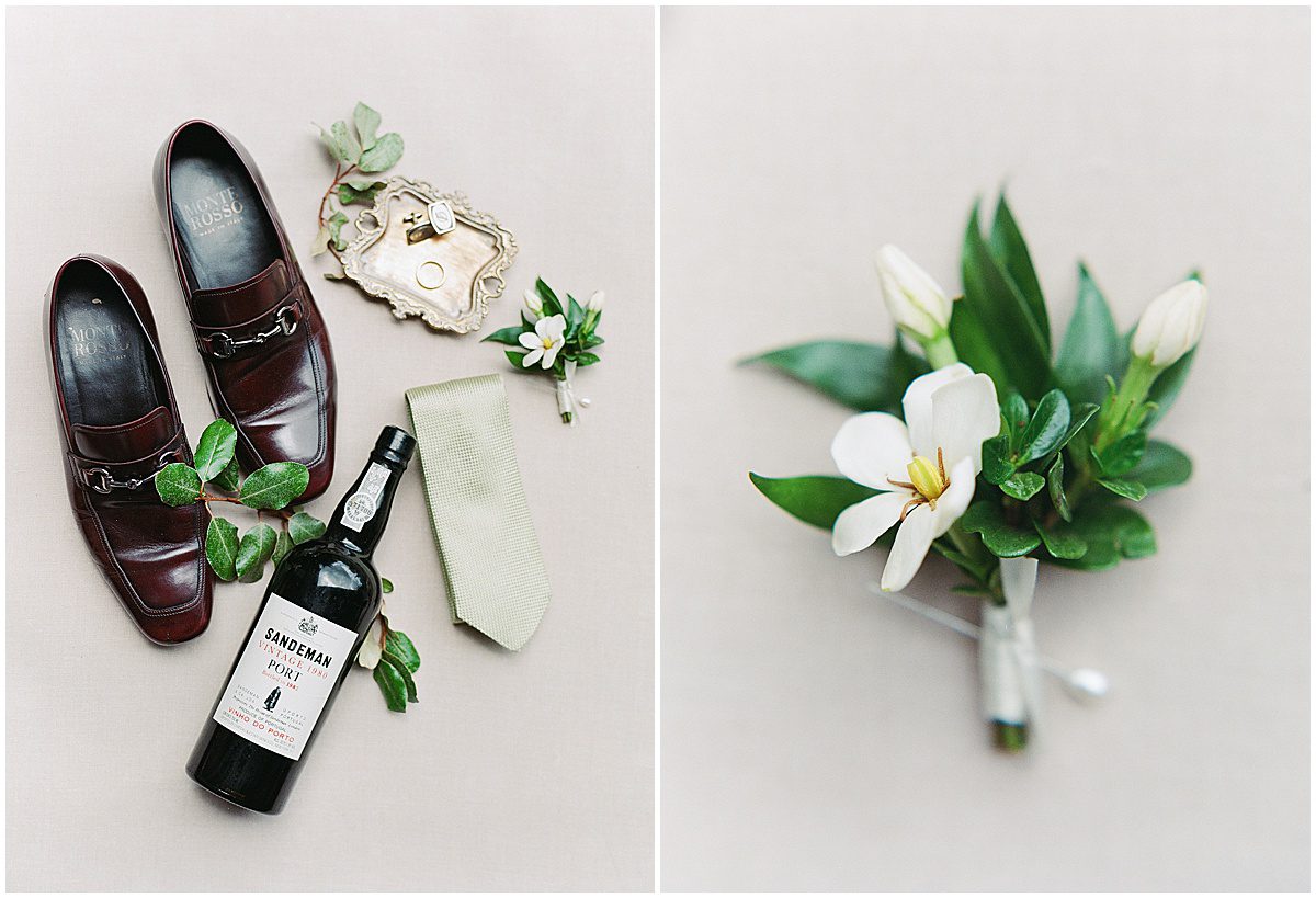 Grooms Details Shoes Bottle of Port Tie and Boutonniere Photos